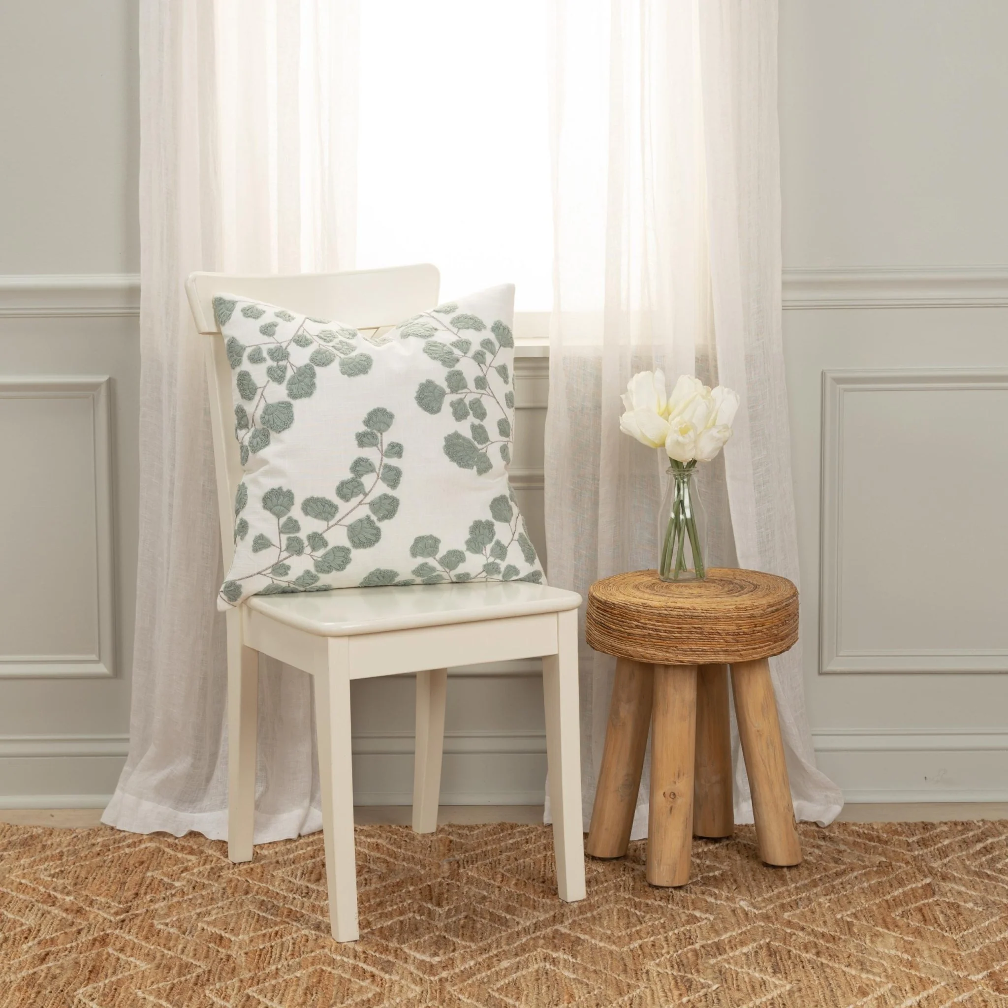 Embroidered Cotton Botanical  Decorative Throw Pillow