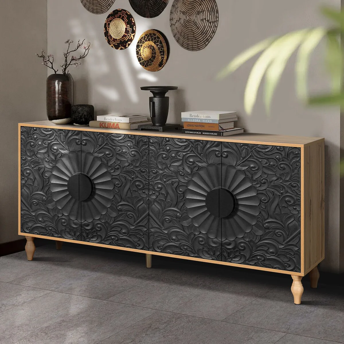 Carved Symmetrical Design Door And Wood Coloured Frame For Tv Stand Table