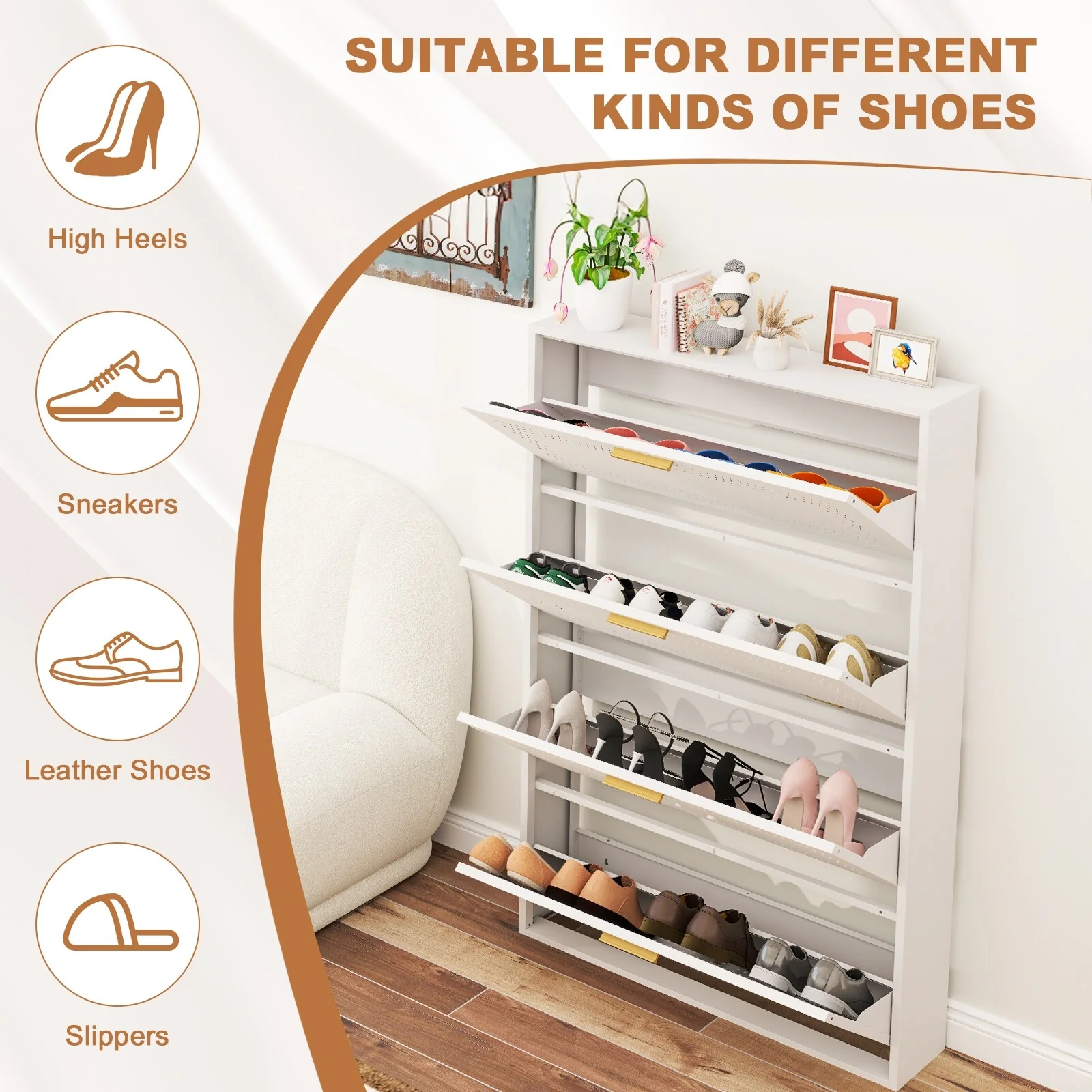 Metal Shoe Storage Cabinet with 3/4 Flip Drawers, Breathable & Space Saving