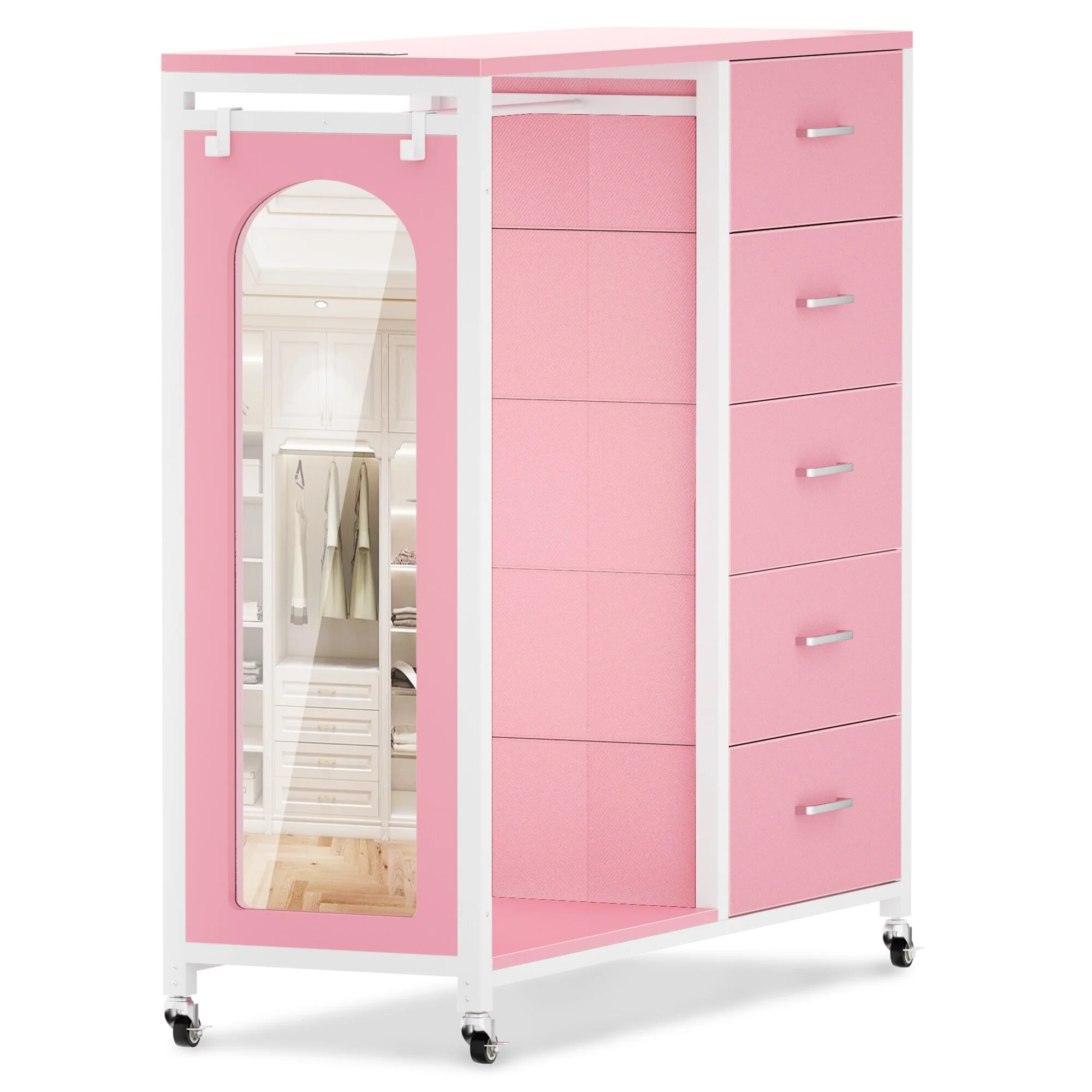 Kid's Closet Organizer with Fabric Drawers and Mirror, Rolling Dresser and Chest with Charge Station