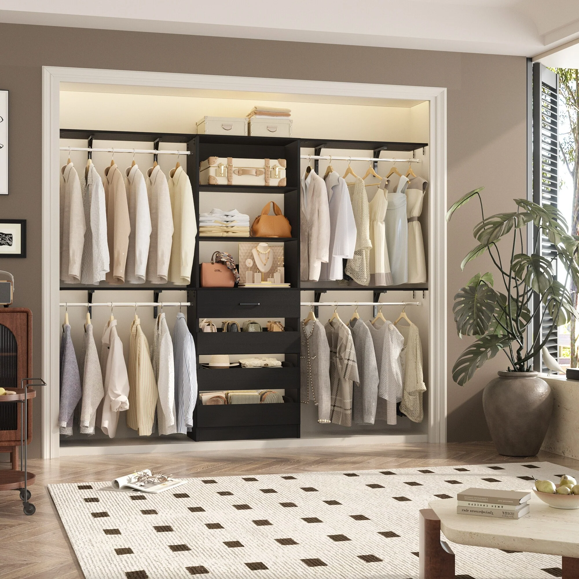 Rackcog 96'' Closet System with 4 Drawers and 4 Hanging Rods, 8FT Wood Closet Organizer for Walk-in Closet