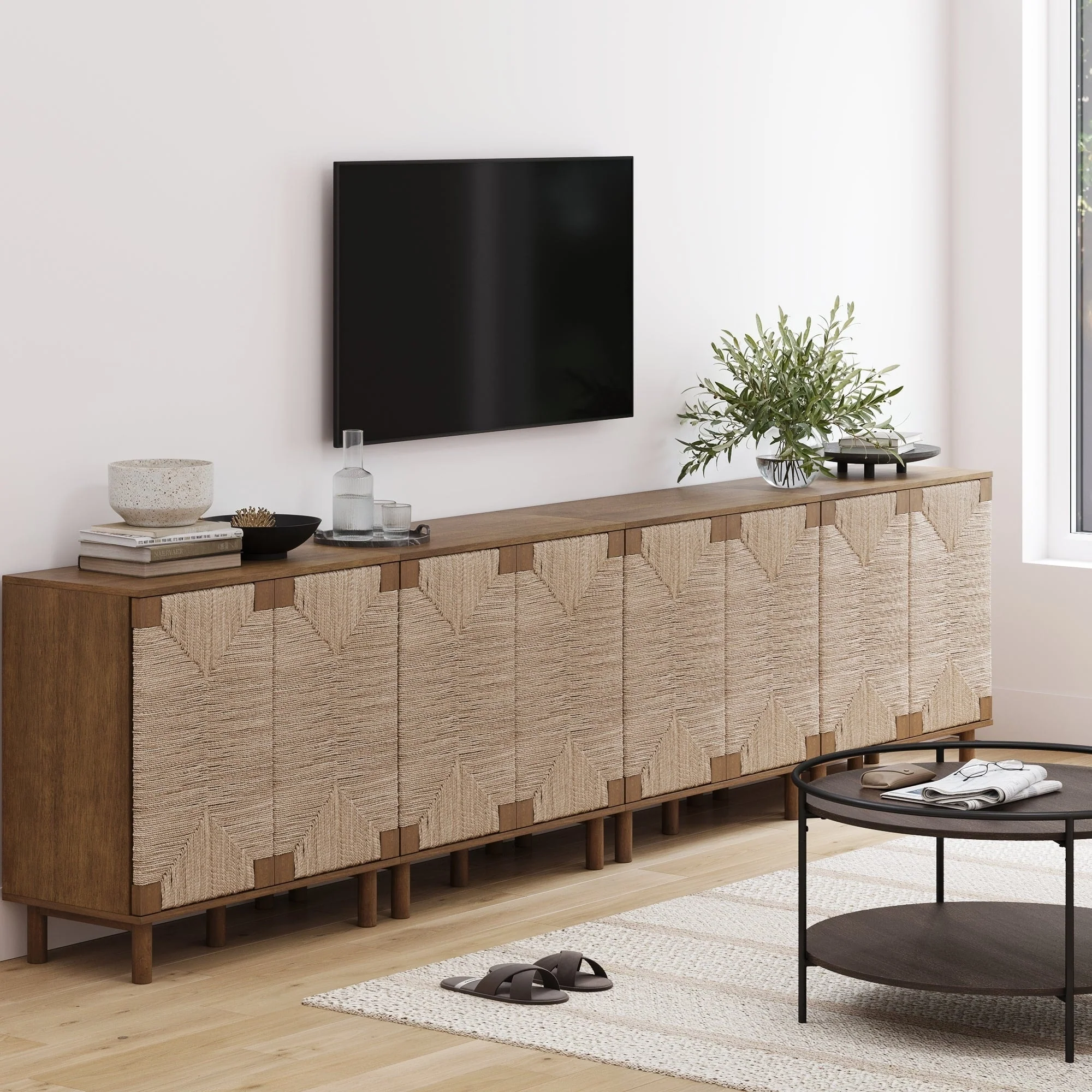 Nathan James Beacon Wood Accent Cabinet with Seagrass Doors and Adjustable Shelf