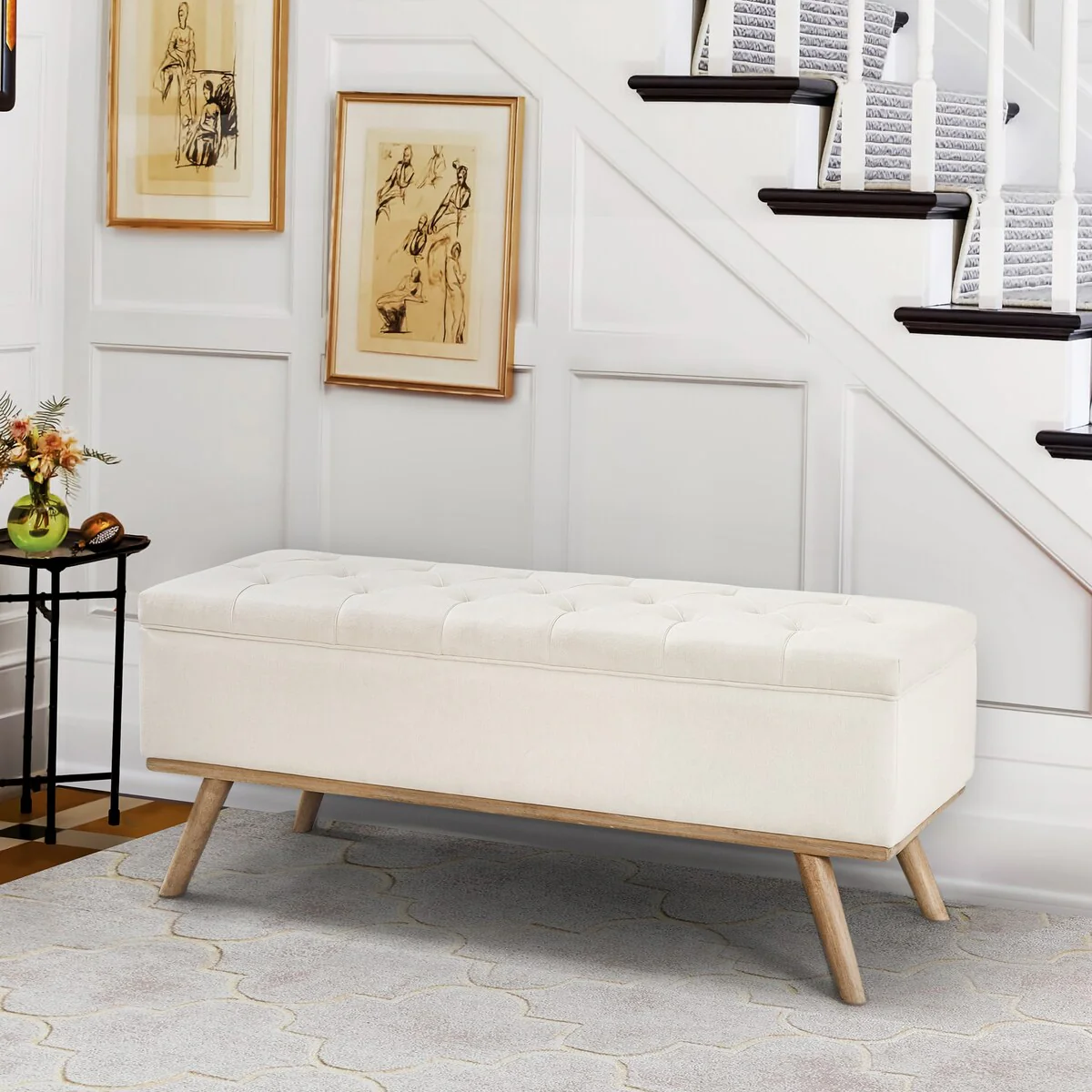 LUE BONA Modern Upholstered Storage Ottoman Button Tufted Storage Bench with Linen Seat End of Bed - 17.5 D X 50.4 W X 20.5 H
