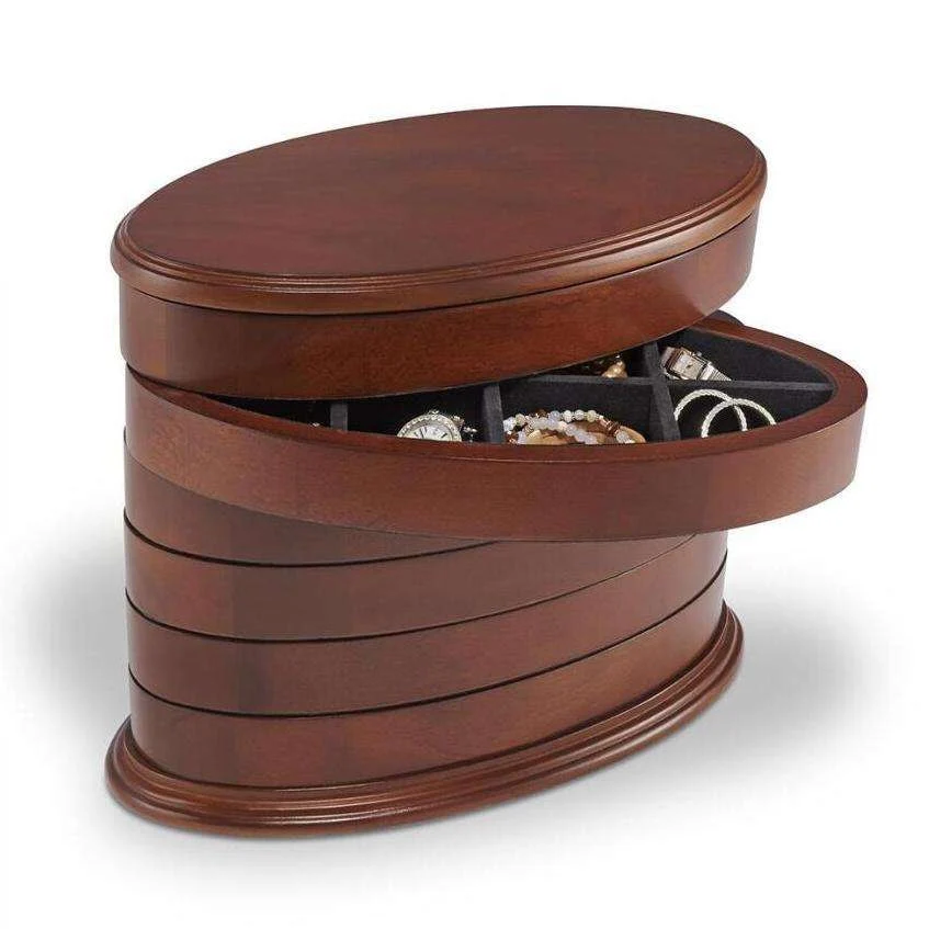 Swivel Wood Jewelry Box Tower, 6 Drawers Organizer, Dark Cherry