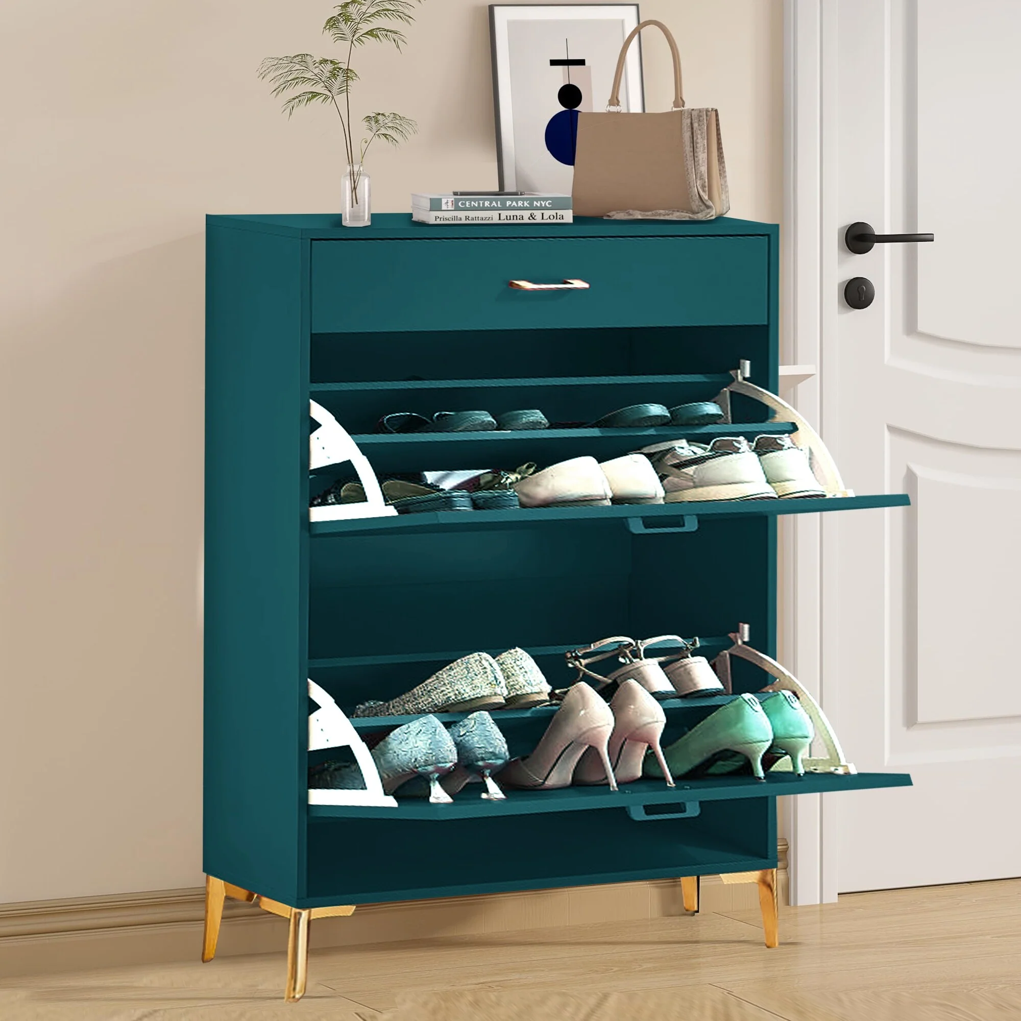Freestanding Shoe Cabinet for Entryway, with 2 Flip Doors and Drawer - 32'W x 10''D x 43''H