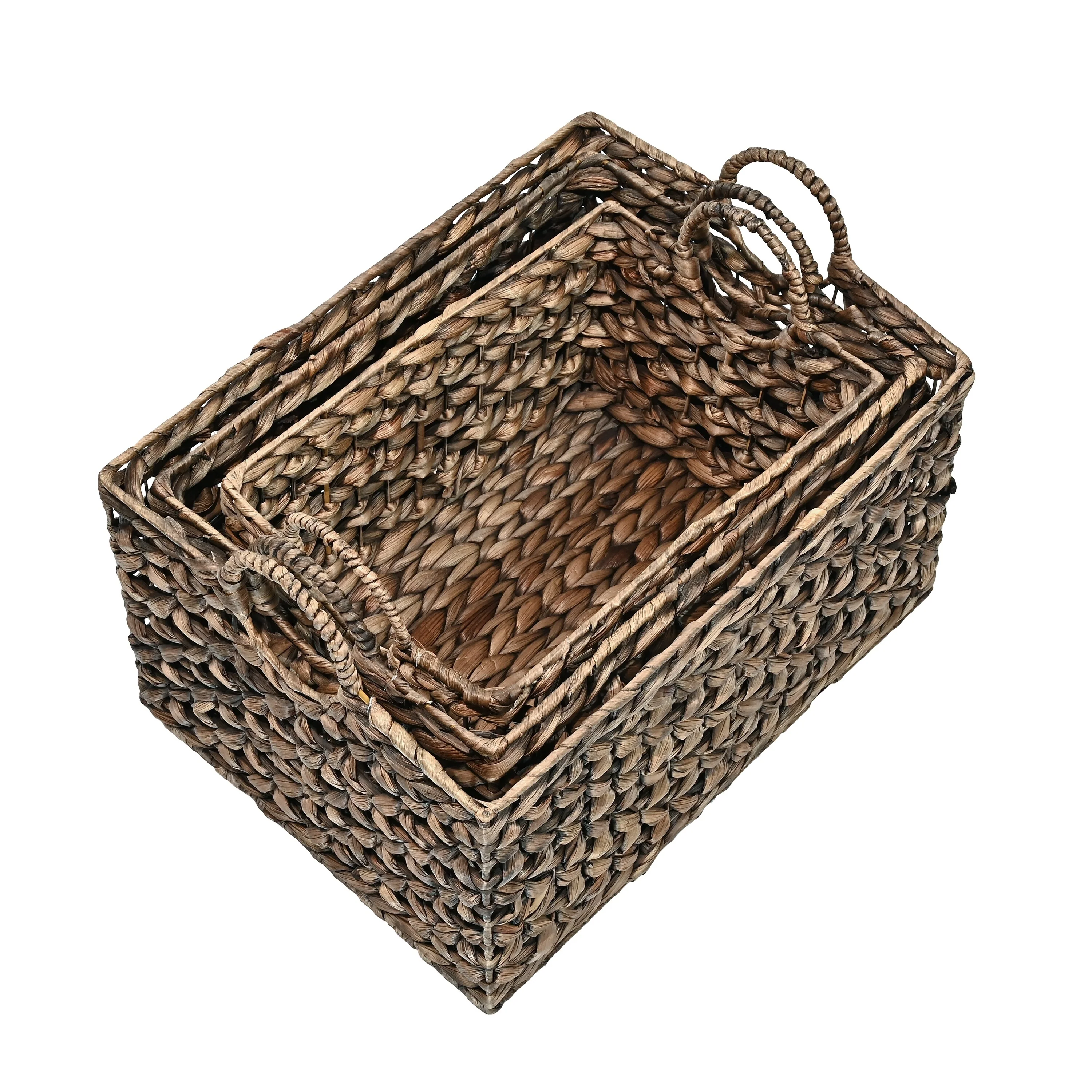 Woven Hyacinth Rectangular Storage Baskets with Handles (Set of 3)