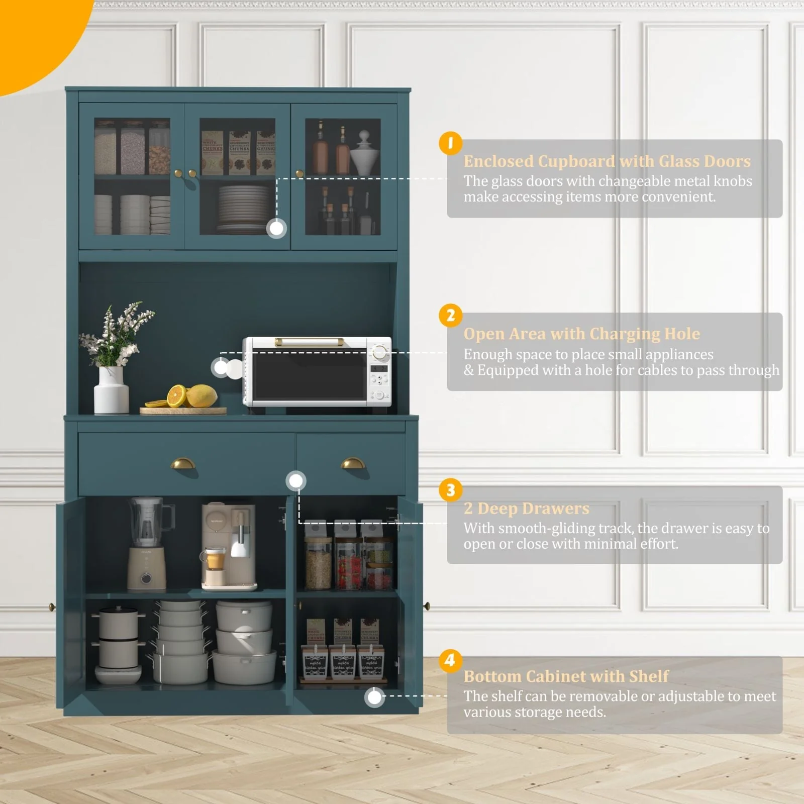 VEIKOUS Kitchen Pantry Storage Cabinet Cupboard with Framed Glass Door and Drawer