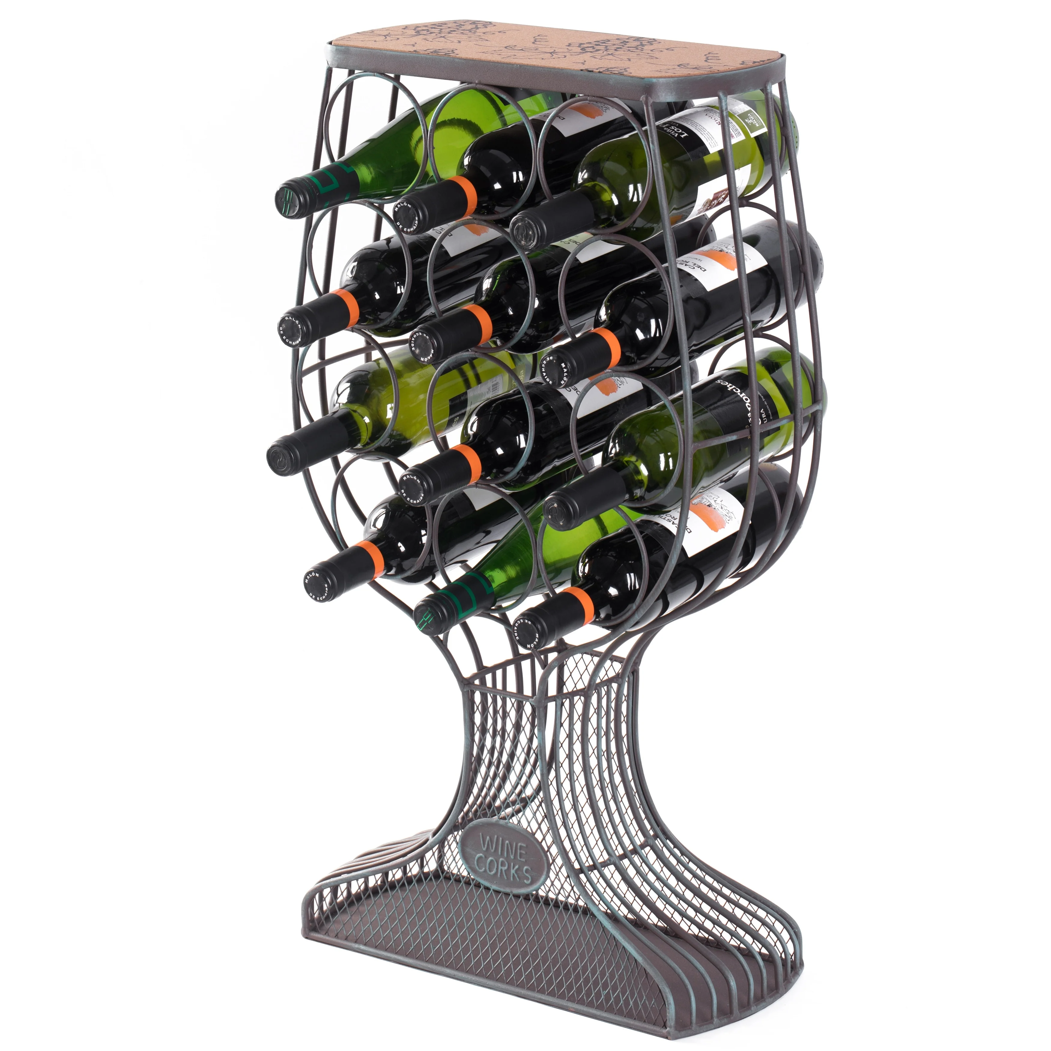 Freestanding Floor Wine Rack with Wooden and Metal Goblet Design - Holds 12 Bottles