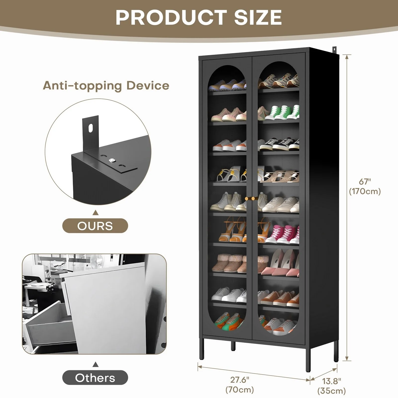 9-Tier Shoe Storage Cabinet with Glass Doors & Adjustable Shelves - 67