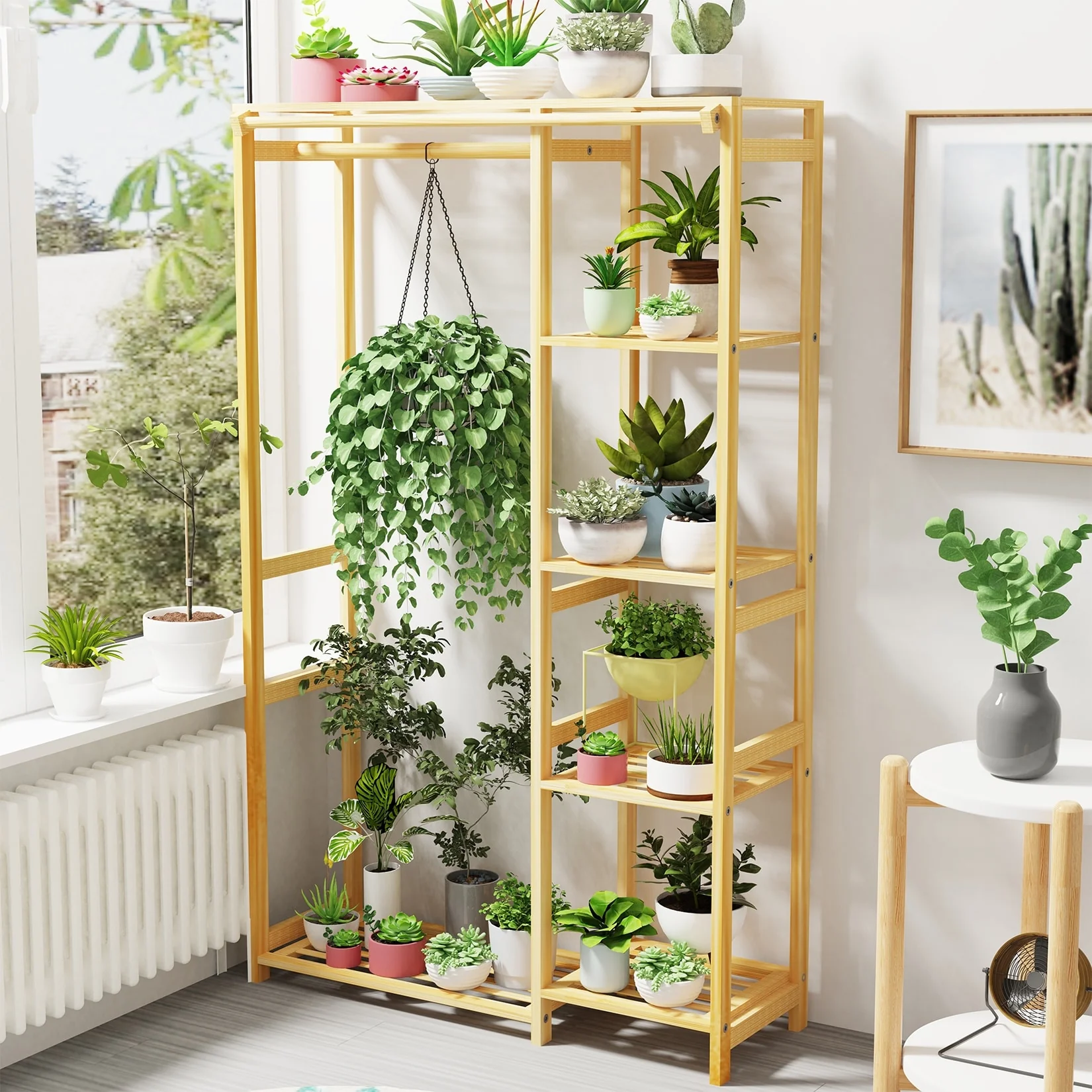 Bamboo Clothes Rack Garment Storage Shelf with Shelves Hanging Cover