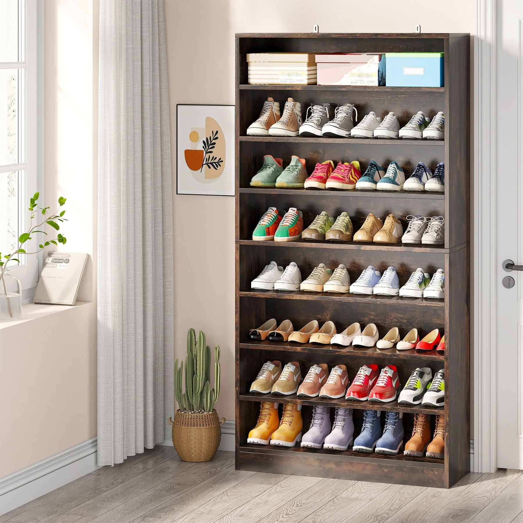 9 Tiers 40-45 Pairs Heavy Duty Wood Freestanding Shoe Storage Cabinet
