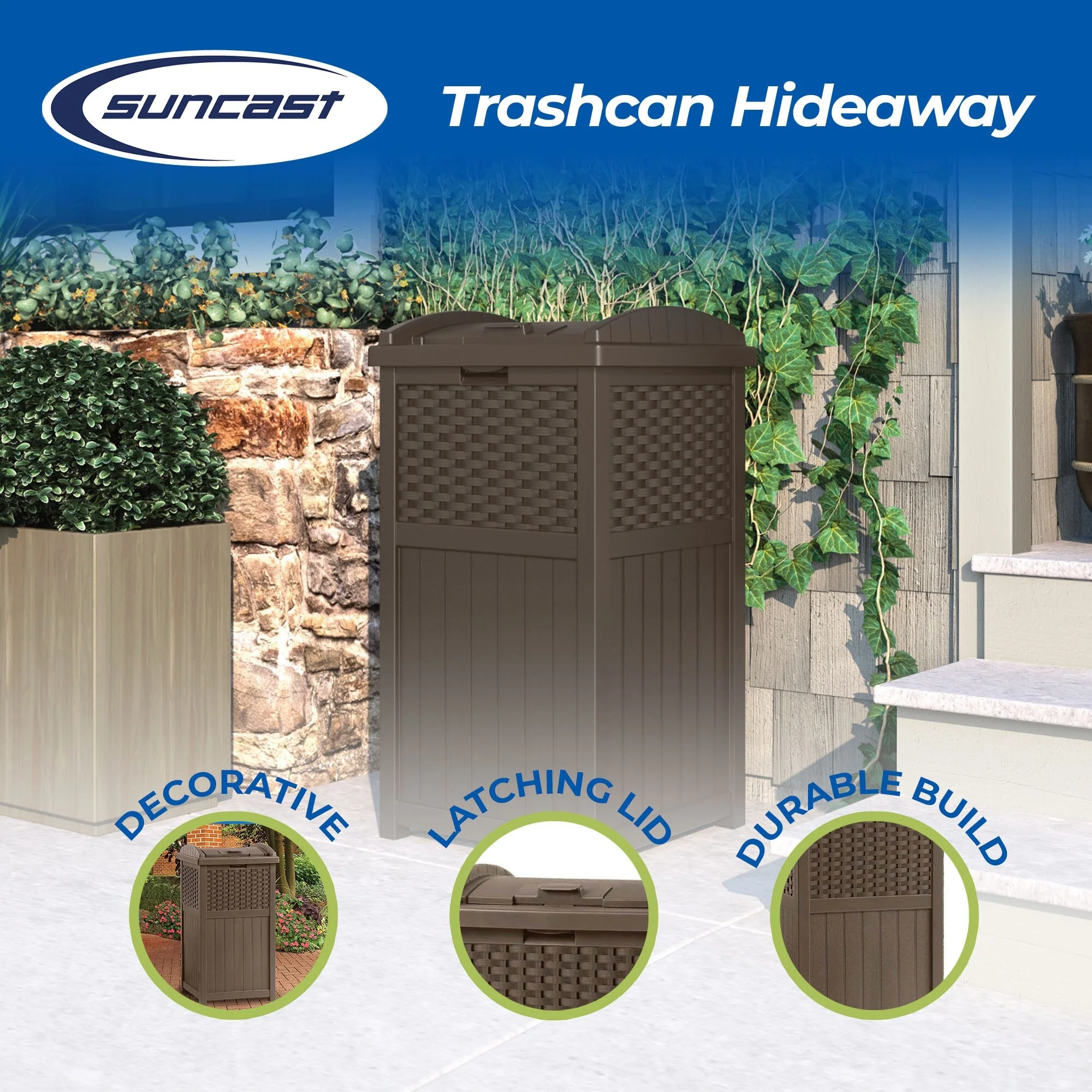 Suncast Trash Hideaway 33 Gallon Resin Wicker Outdoor Garbage Container (4 Pack)