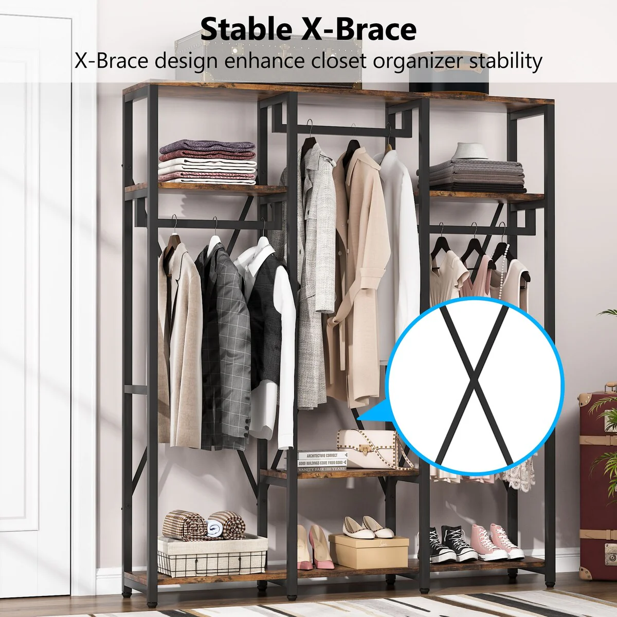 Freestanding Garment Rack, Heavy Duty Closet Organizer Systems with Shelves