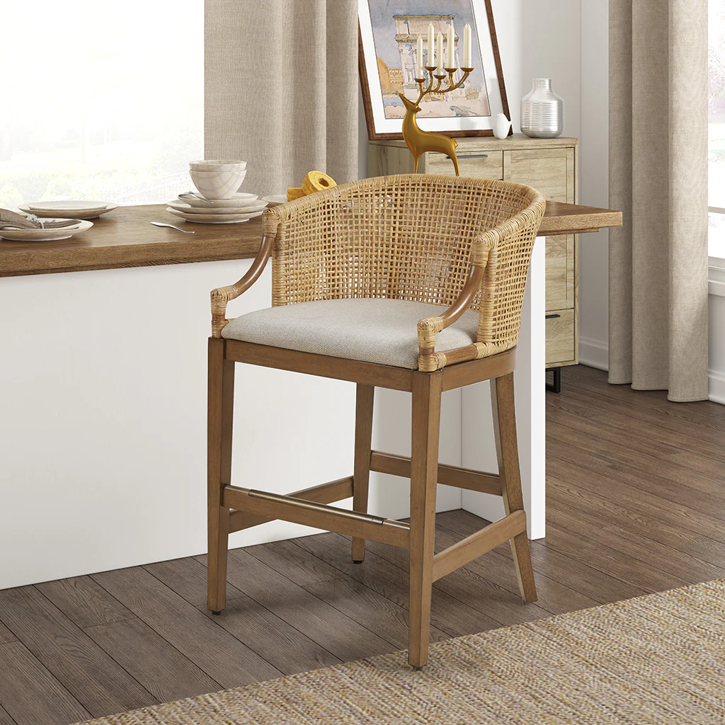 Broadenx 25 Counter Stool with Rattan Rounded Back and Recessed Arms