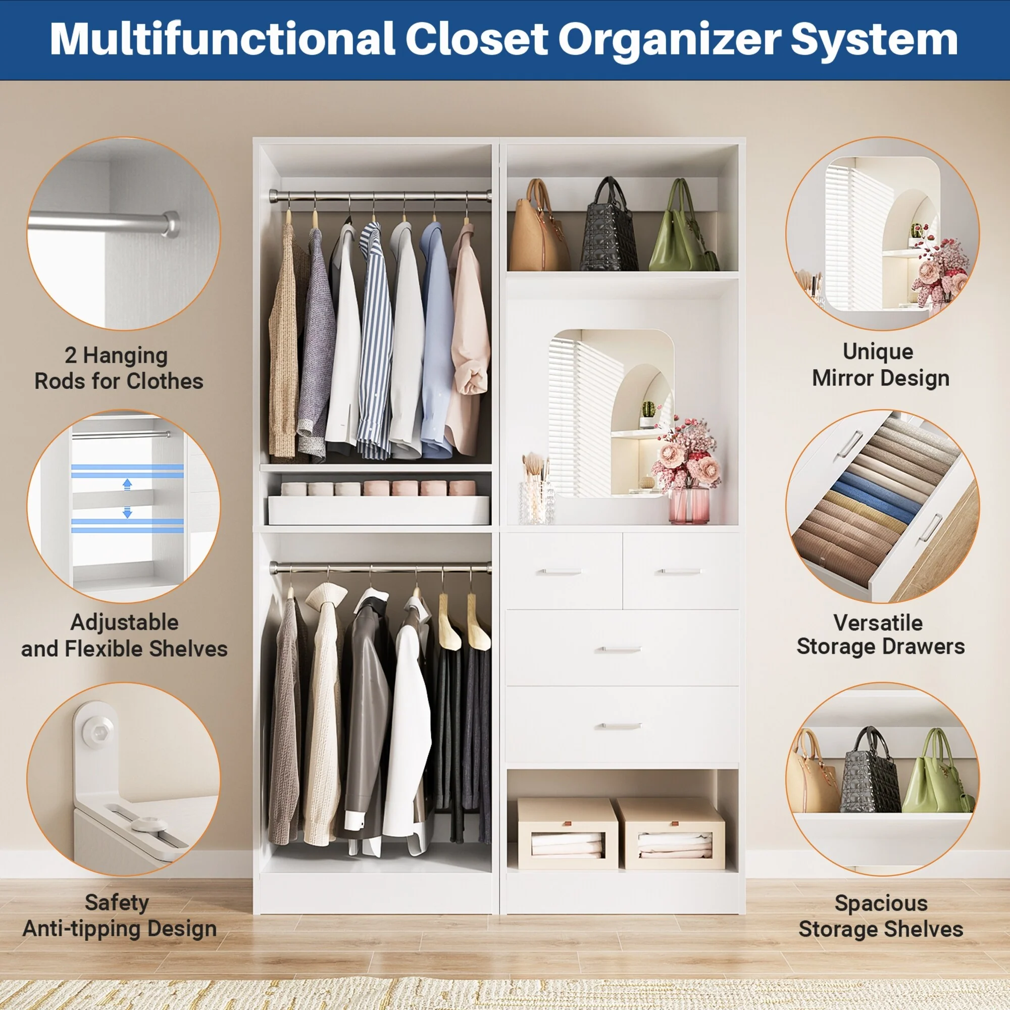 Cimly Set of 2 Free-standing Closet System with Drawers and Hanging Rods for Reach-in/ Walk-in Closet