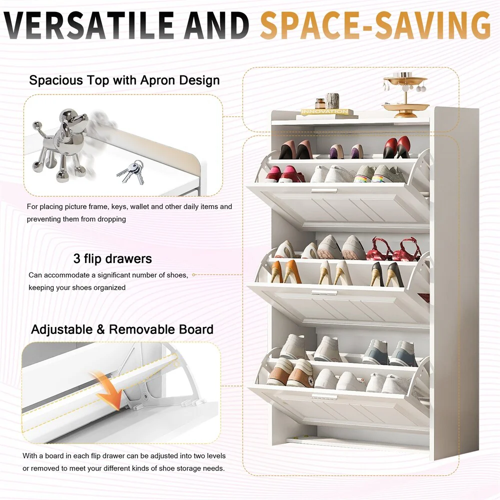 Free Standing Wood Shoe Storage Cabinet with 3 Flip Drawers