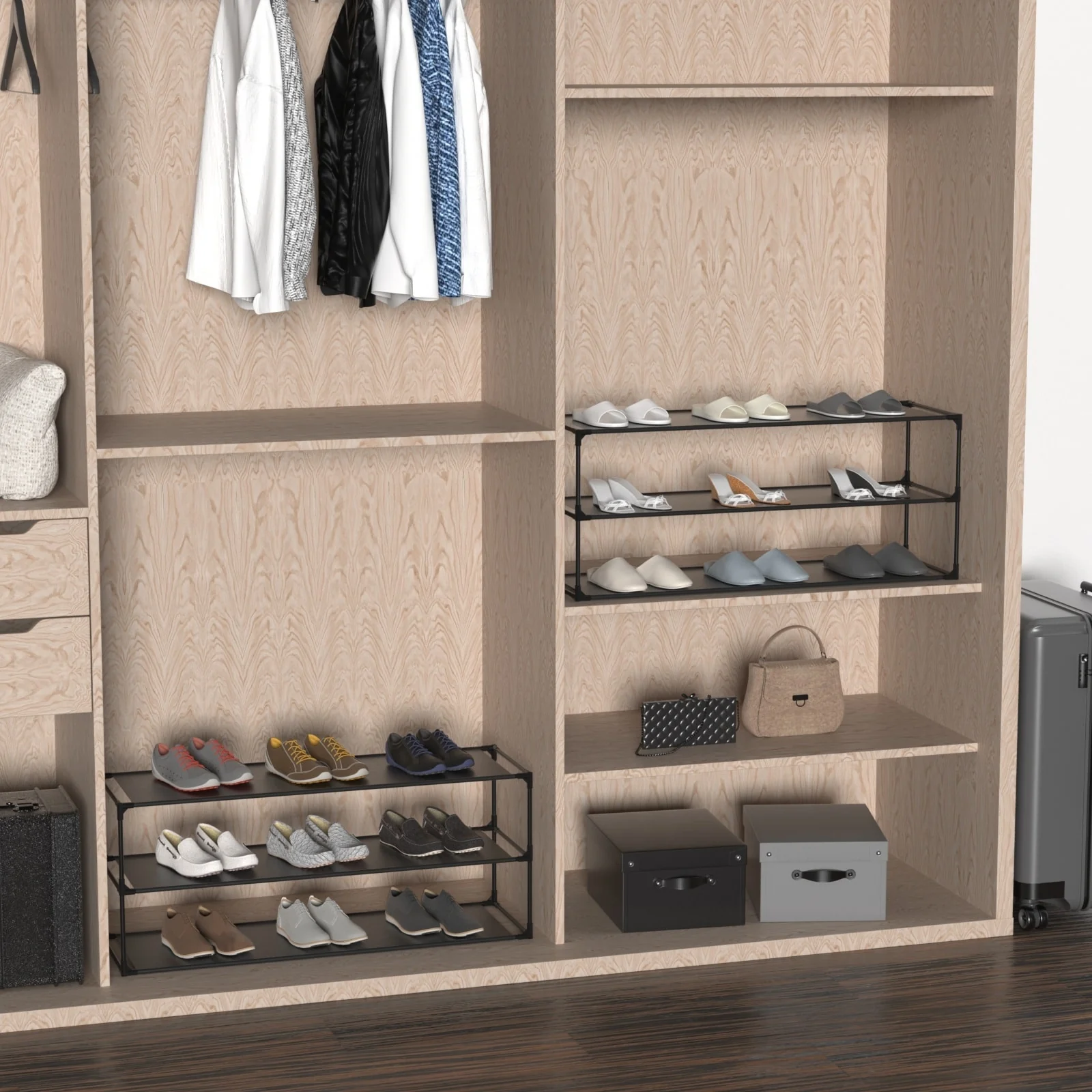 Shoe Rack Detachable Non-Woven Waterproof Fabric Shoe Organizer Tower Black Set of 2