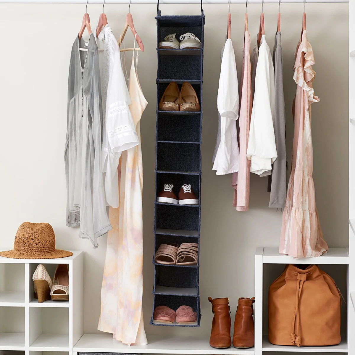 Household Essentials Hanging Cotton Blend and Plastic Closet Organizer with 10 Shelves - 8.0