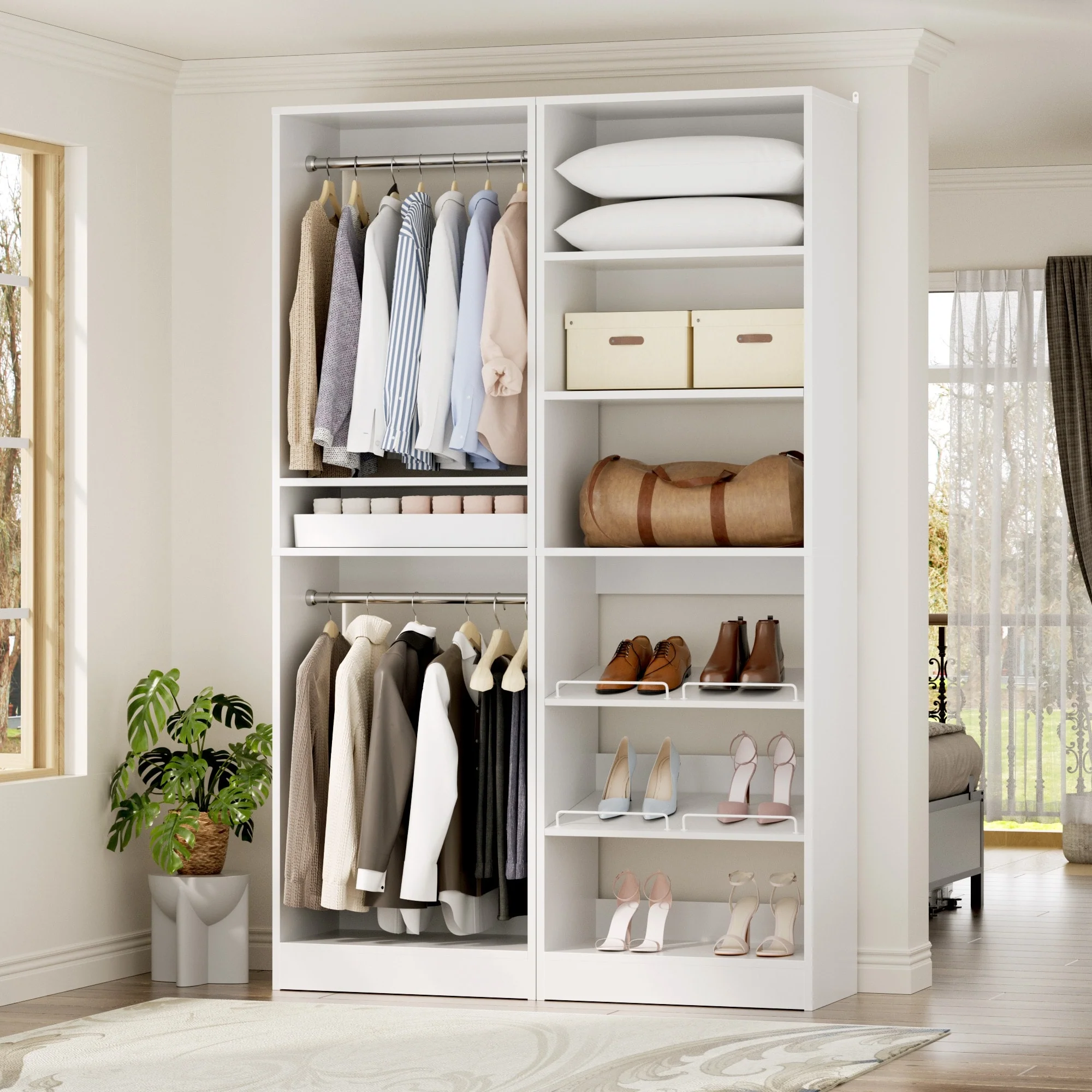 Cimly Set of 2 Freestanding Closet System with Shoe Racks and Hanging Rods for Reach-in/ Walk-in Closet