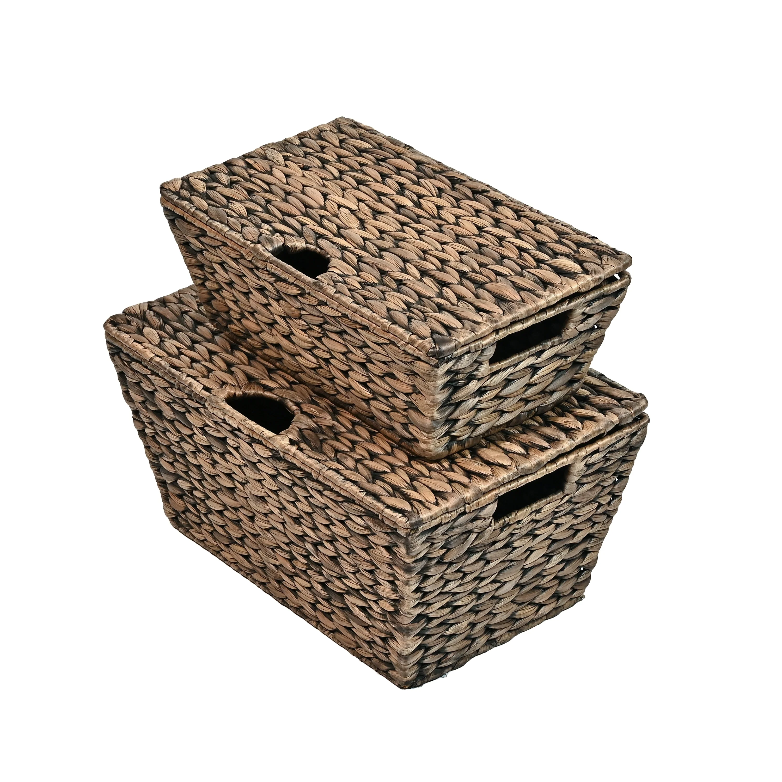 Hyacinth Rectangular Storage Baskets with Lids & Handles (Set of 2)
