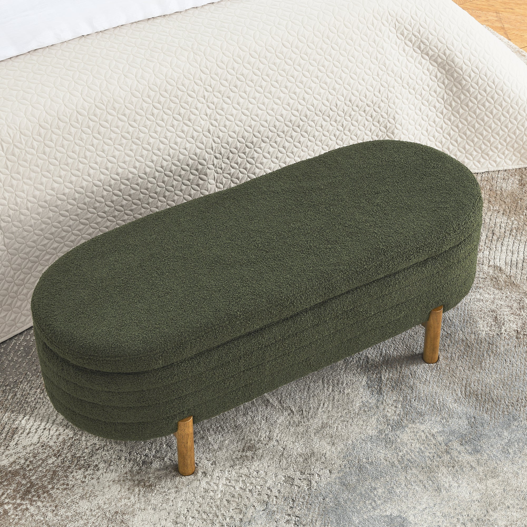 Upholstered Oval Storage Bench with Rubber Wood Legs