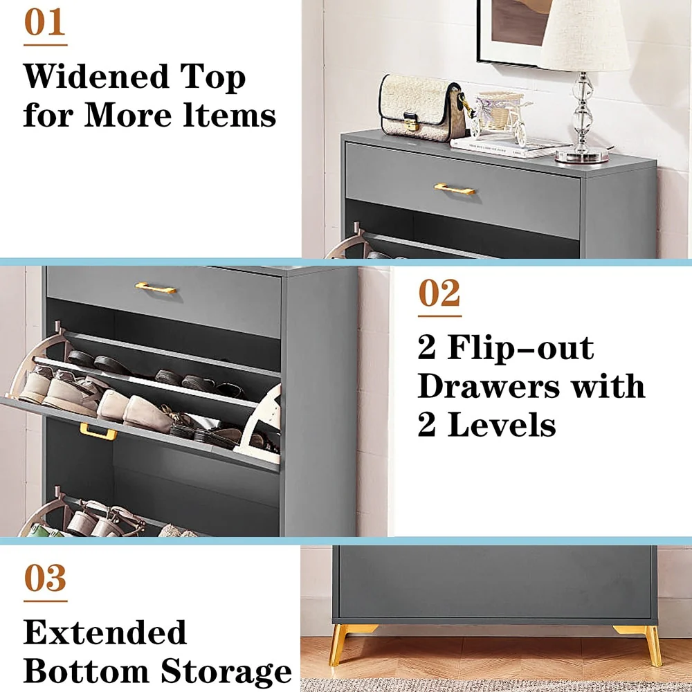 Freestanding Shoe Cabinet for Entryway, with 2 Flip Doors and Drawer - 32'W x 10''D x 43''H