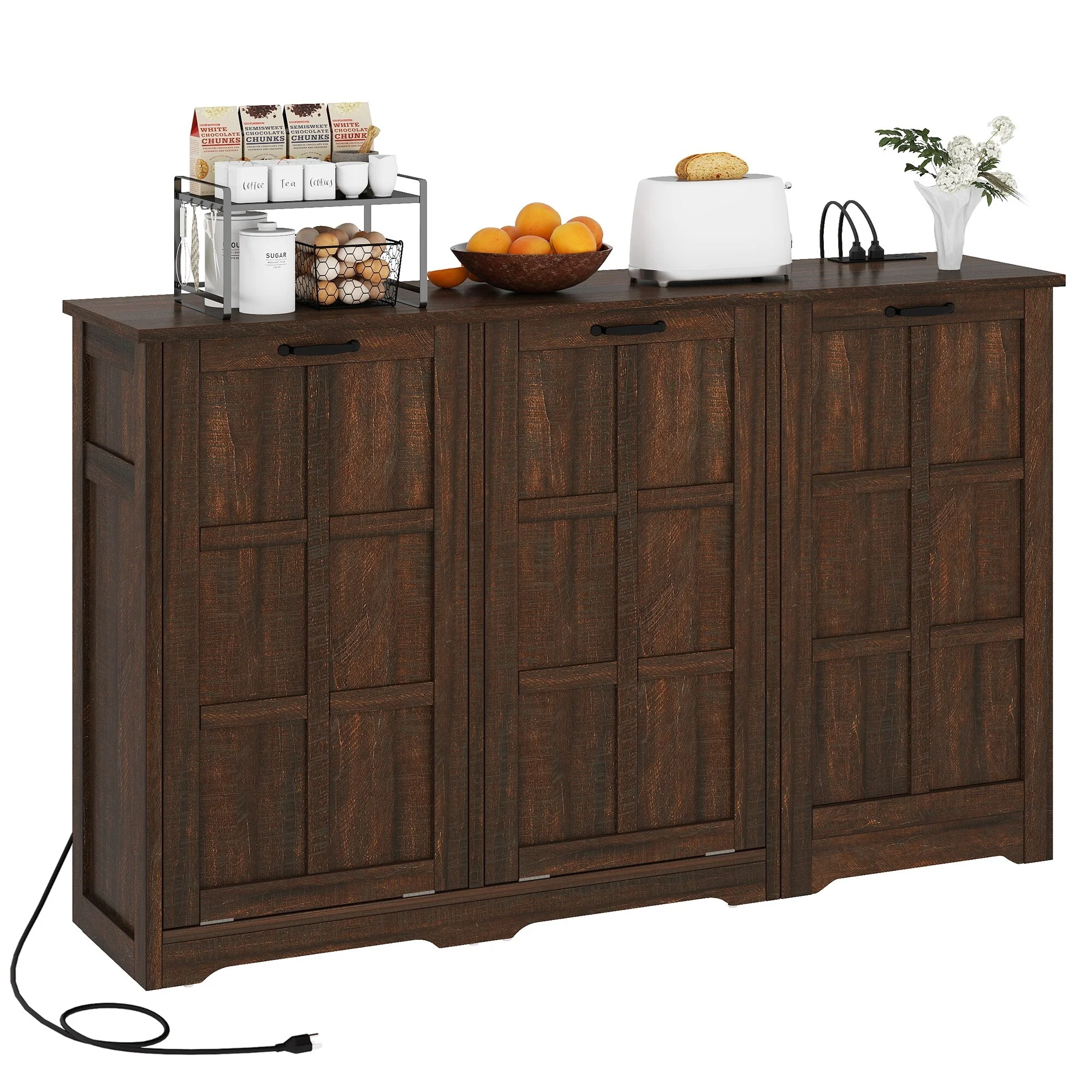 Moasis Kitchen Island with Double Tilt Out Trash Cabinet(13 Gallon) with Adjustable Shelves and Charging Station