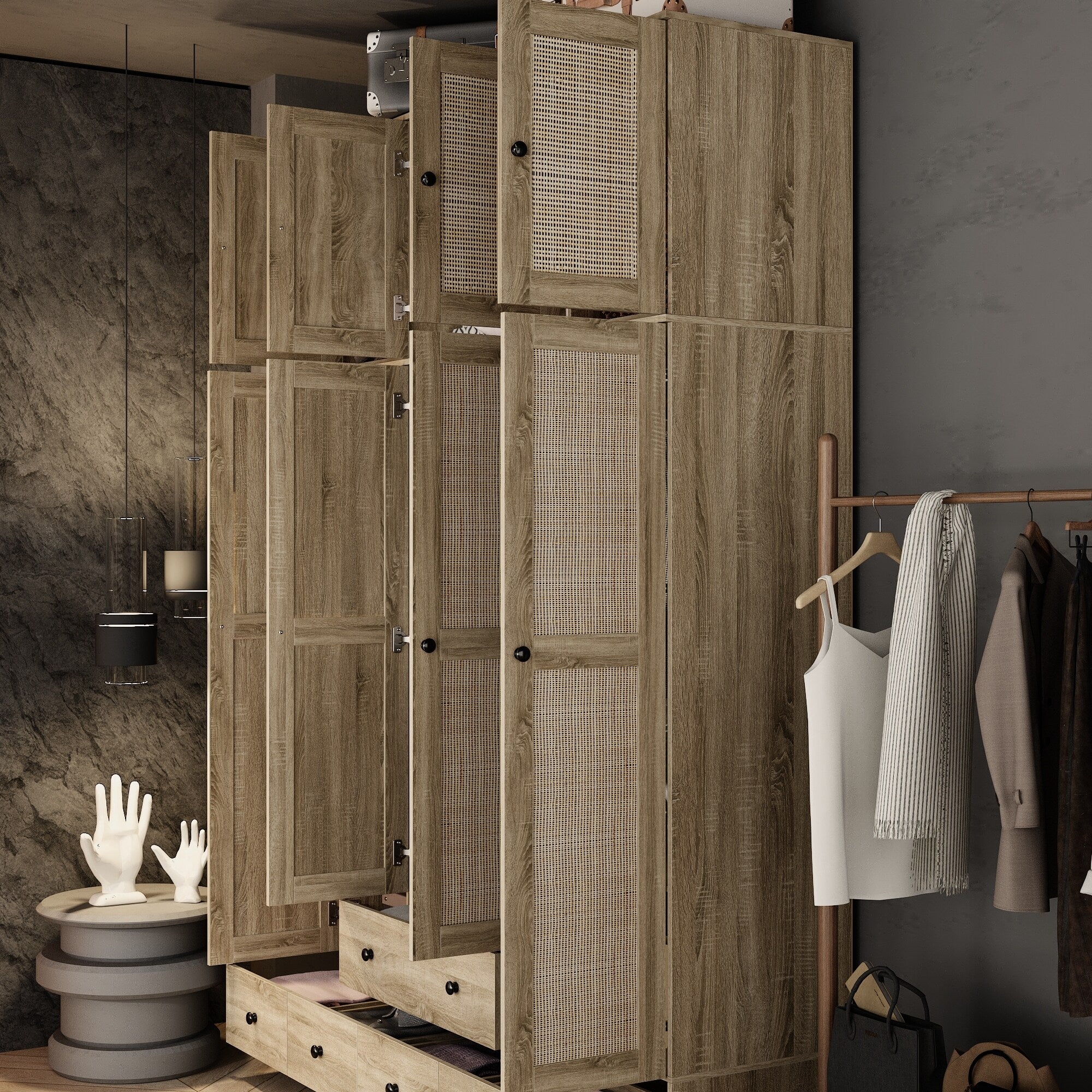 Large Storage Wardrobe Versatile Rattan Door Closet with Deep Drawers