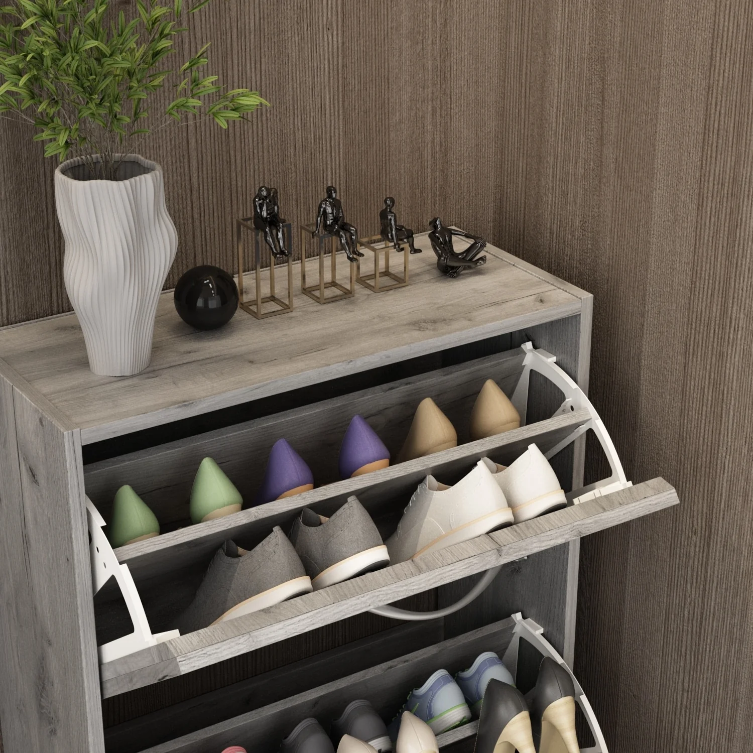 Kerrogee 18-Pair Shoe Storage Cabinet with 3 Flip Drawers Wood/ Grey