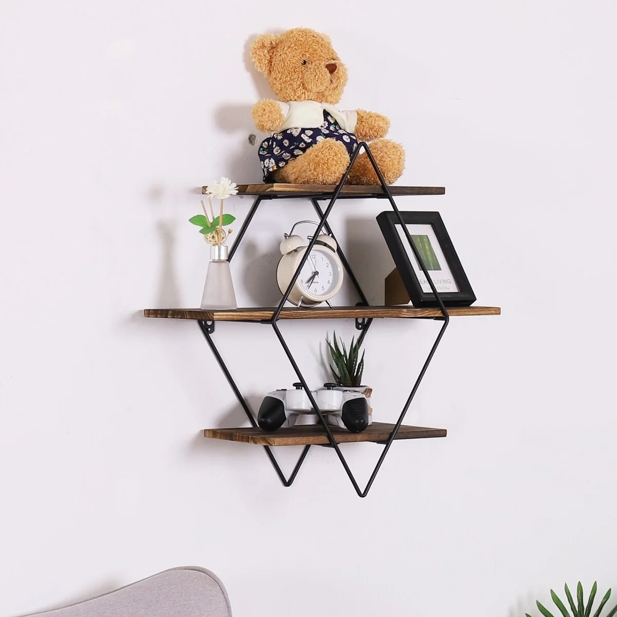 3Tier Metal Wall Shelves in Geometric Diamond for Home Display Storage