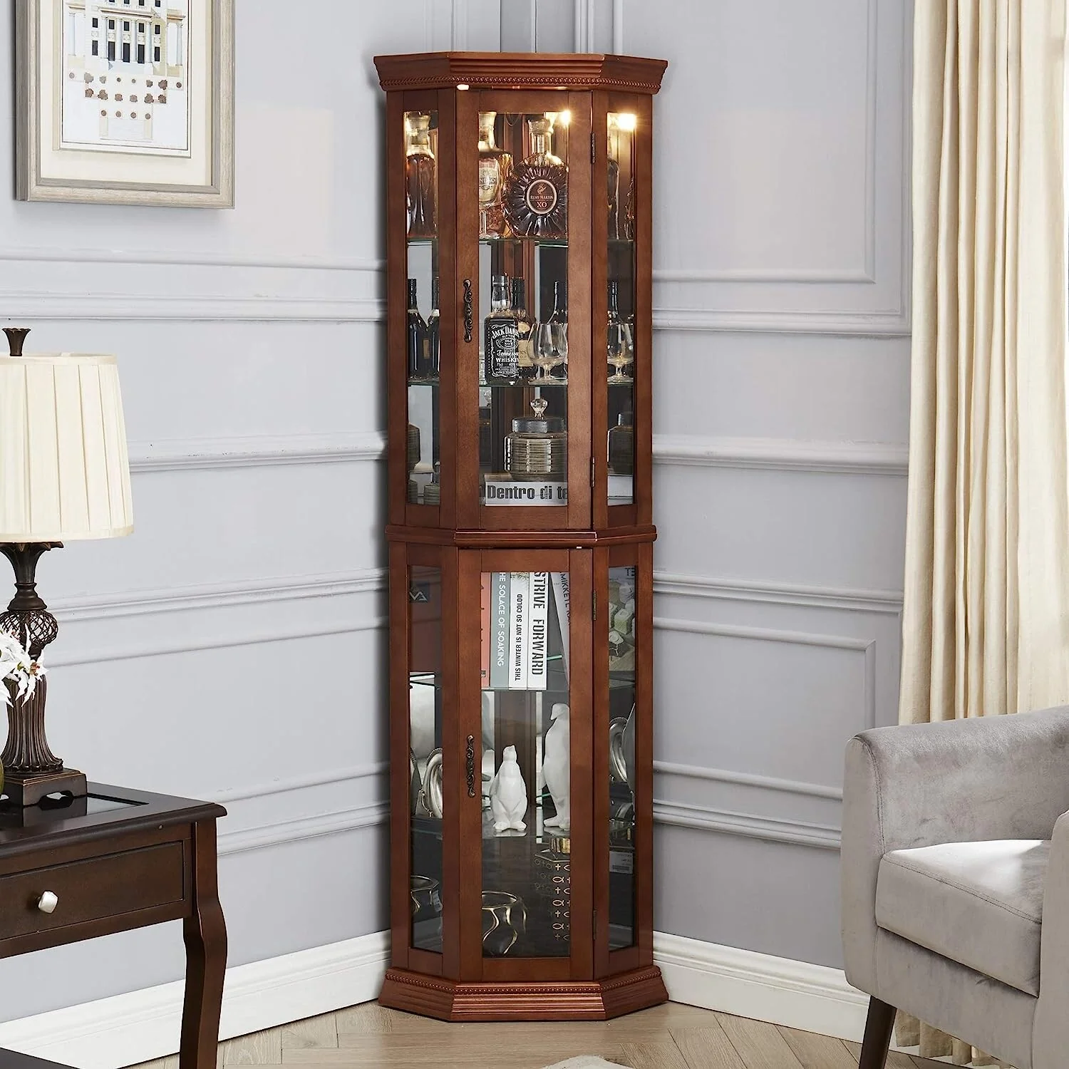 Corner Curio Cabinet with Lights Adjustable Tempered Glass Shelve