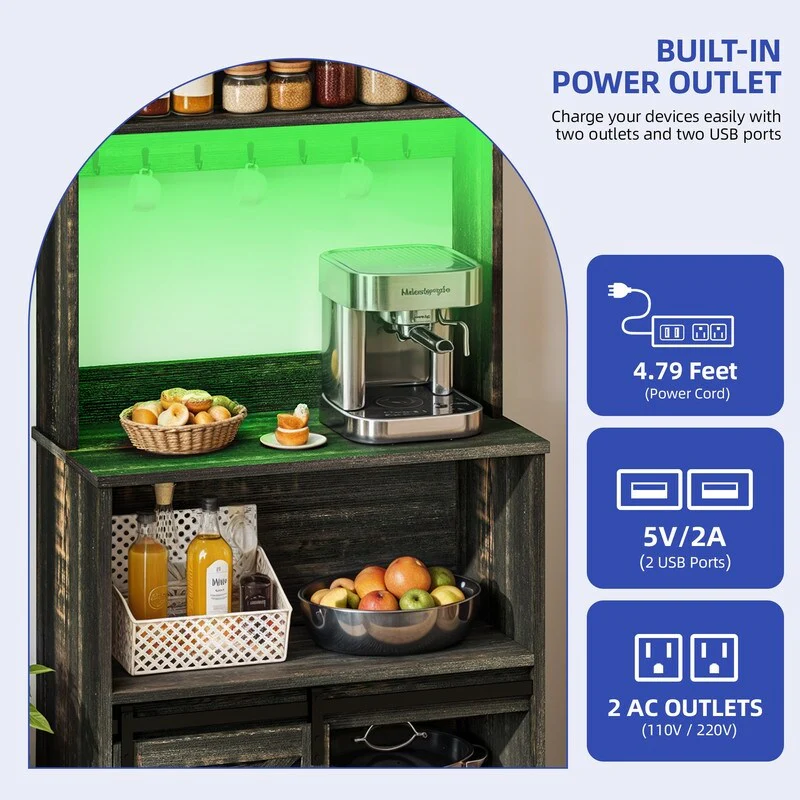 Moasis 5-Tier Bakers Rack with Hooks & LED Lights, Microwave Stand with Power Outlets