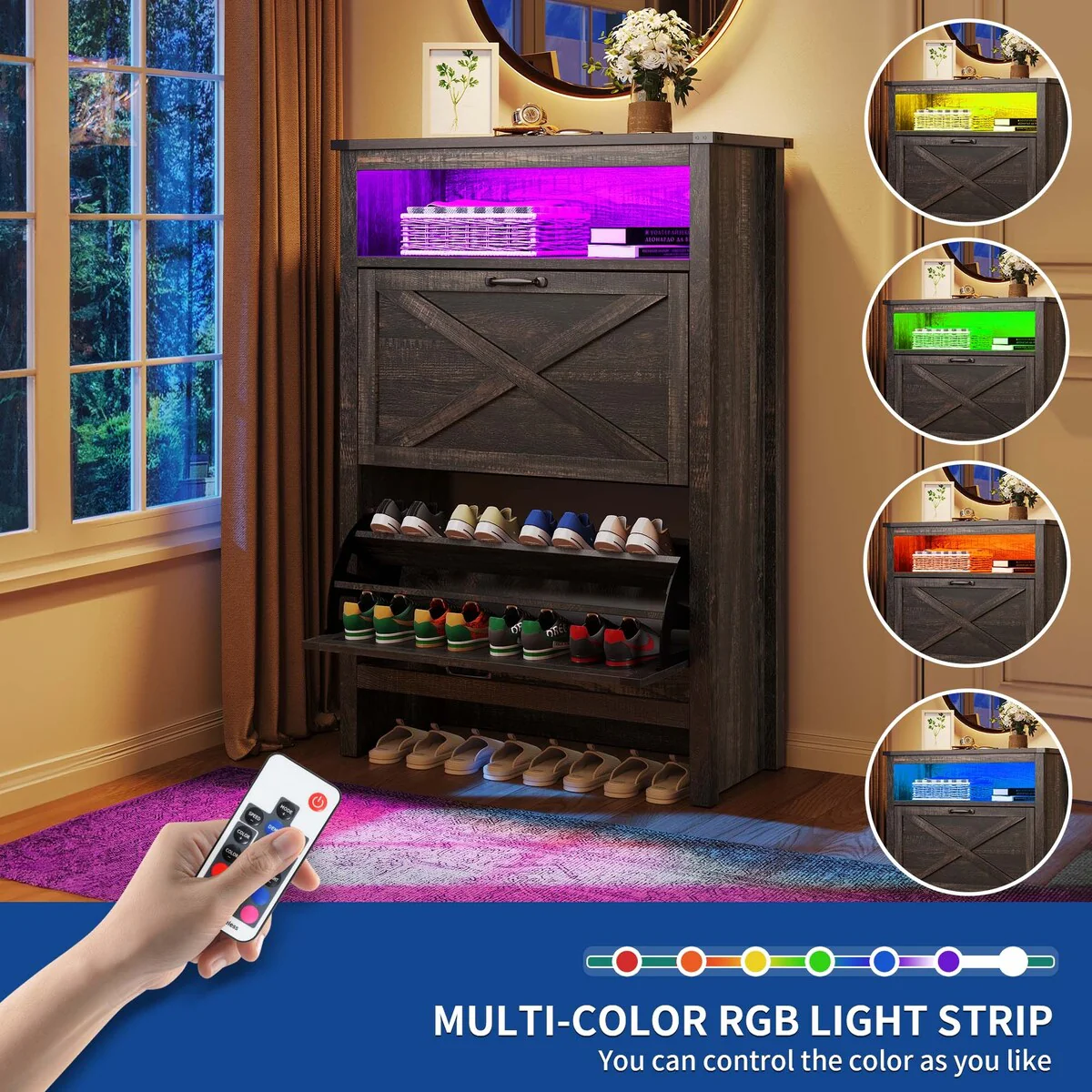 Moasis 2 Flip Drawers Shoe Storage Cabinet with LED Lights 16 Pairs Shoe Rack for Entryway
