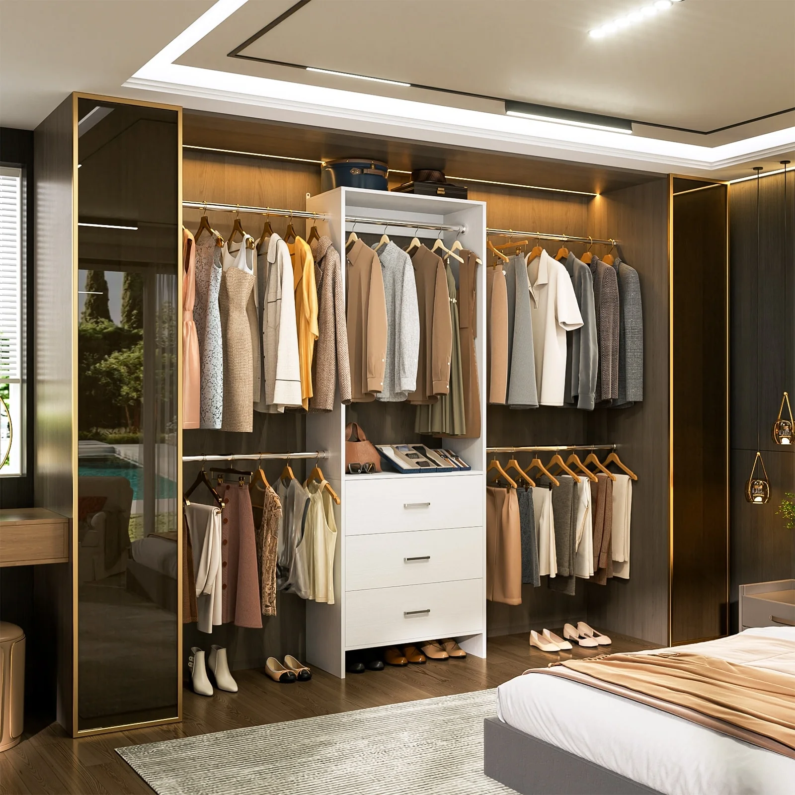 Cimly 118'' Closet Organizer with 3 Wooden Drawers, Adjustable Closet System with 5 Hanging Rods