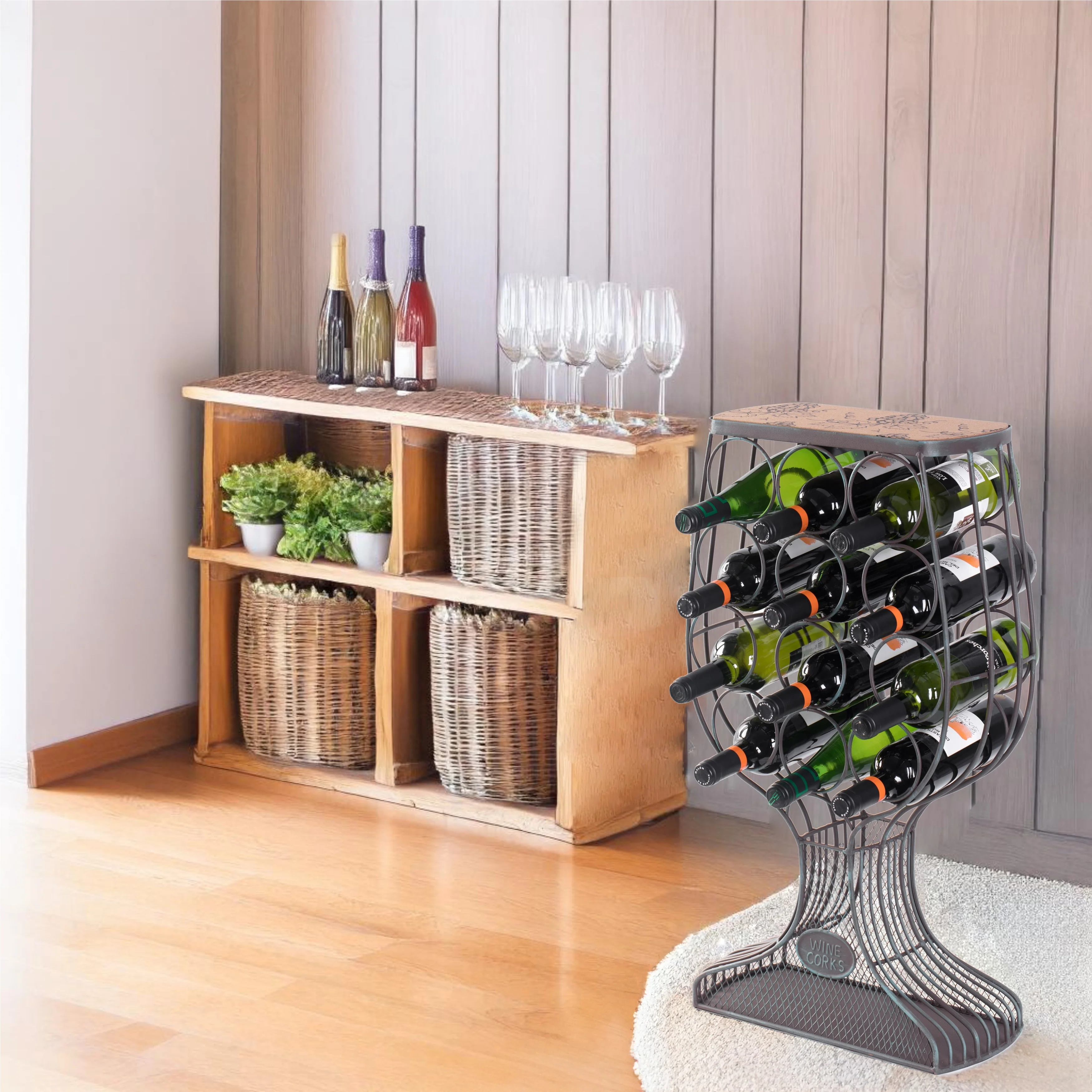 Freestanding Floor Wine Rack with Wooden and Metal Goblet Design - Holds 12 Bottles