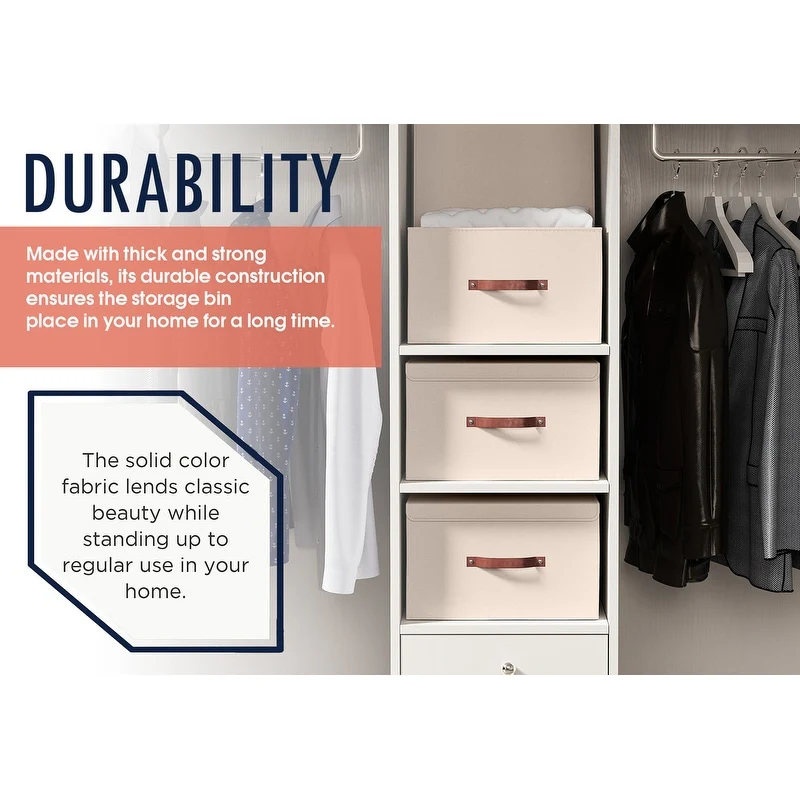 Foldable Collapsible Large Storage Box Bins Linen Fabric Shelf Basket with Leather Handles and Lid - Set of 3
