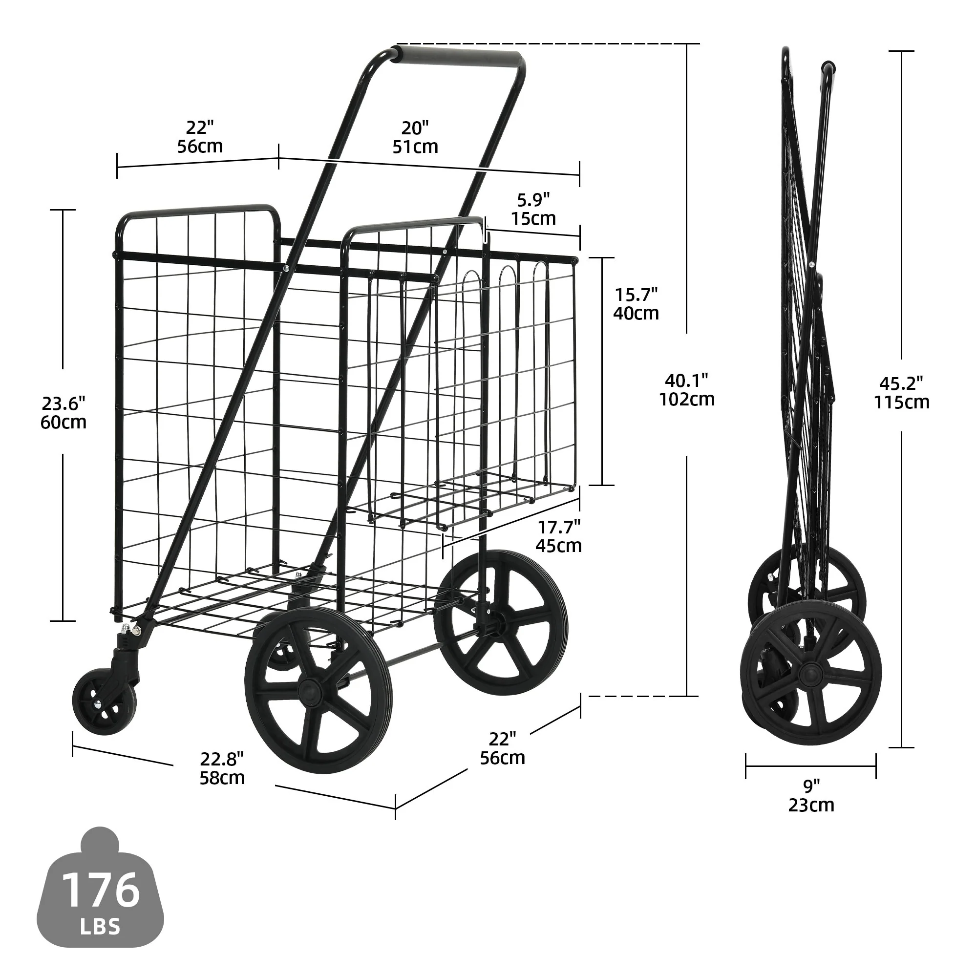 Moasis 40''H Folding Shopping Cart with Dual Storage Baskets