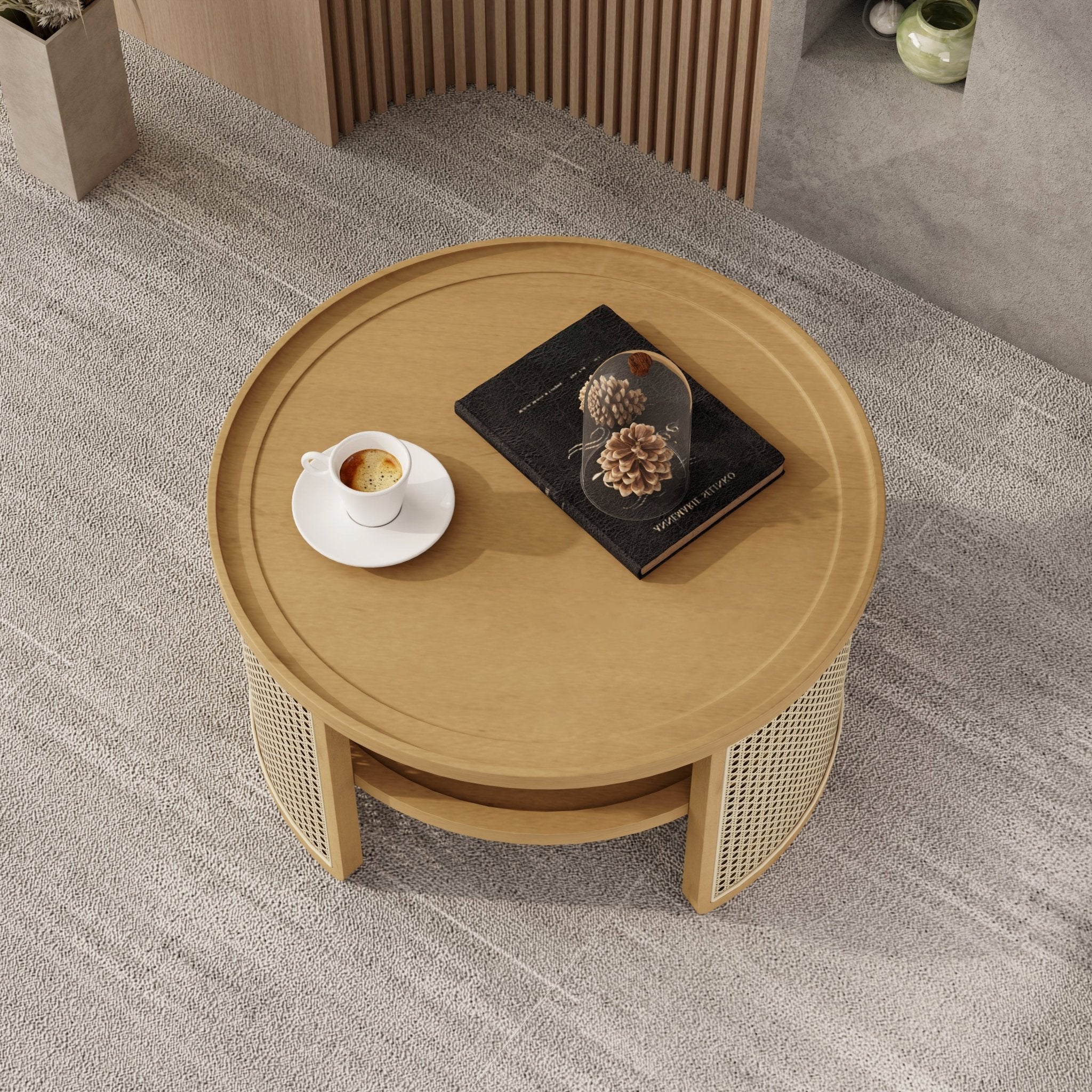 Wintered 2-Tiered Coffee Table with Rattan Base and Curved Edge Design