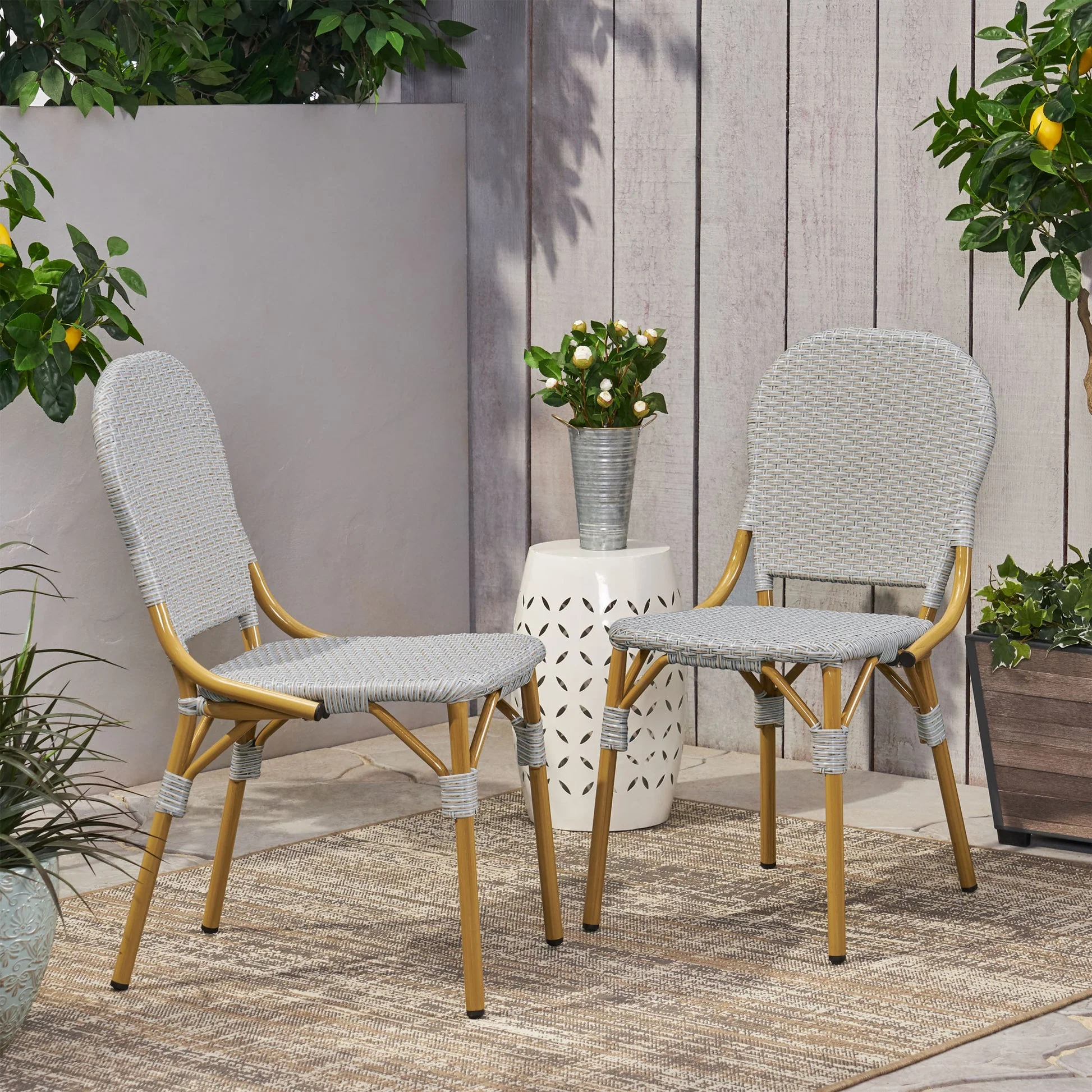 Eternity Bistro Chair with Rattan Back and Aluminum Frame, Set of 2