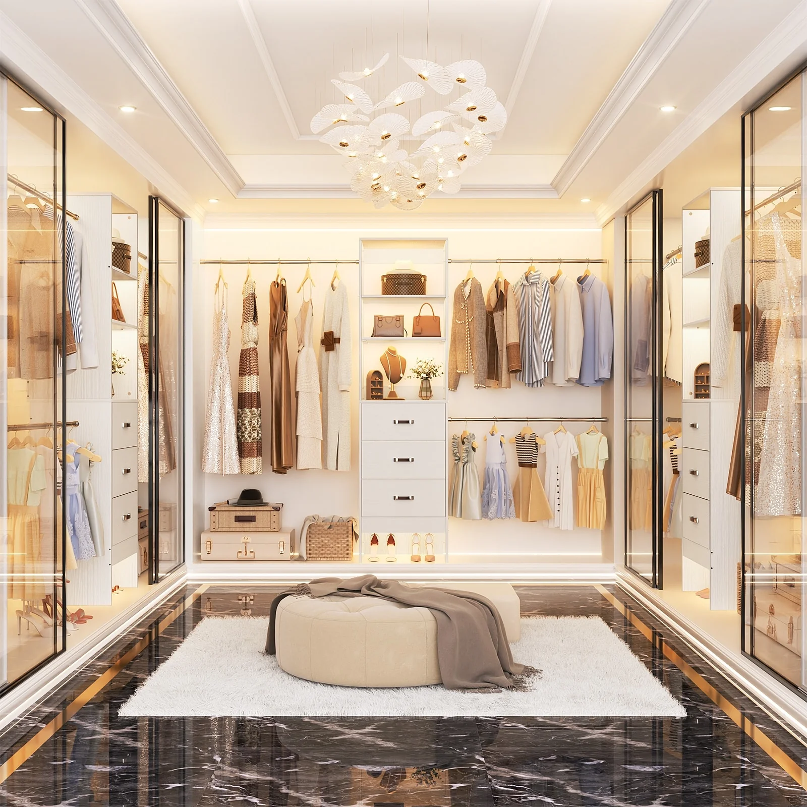 20.5-96'' W Closet Organizer System with Extendable Hanging Rods and Drawers and Tower Shelves