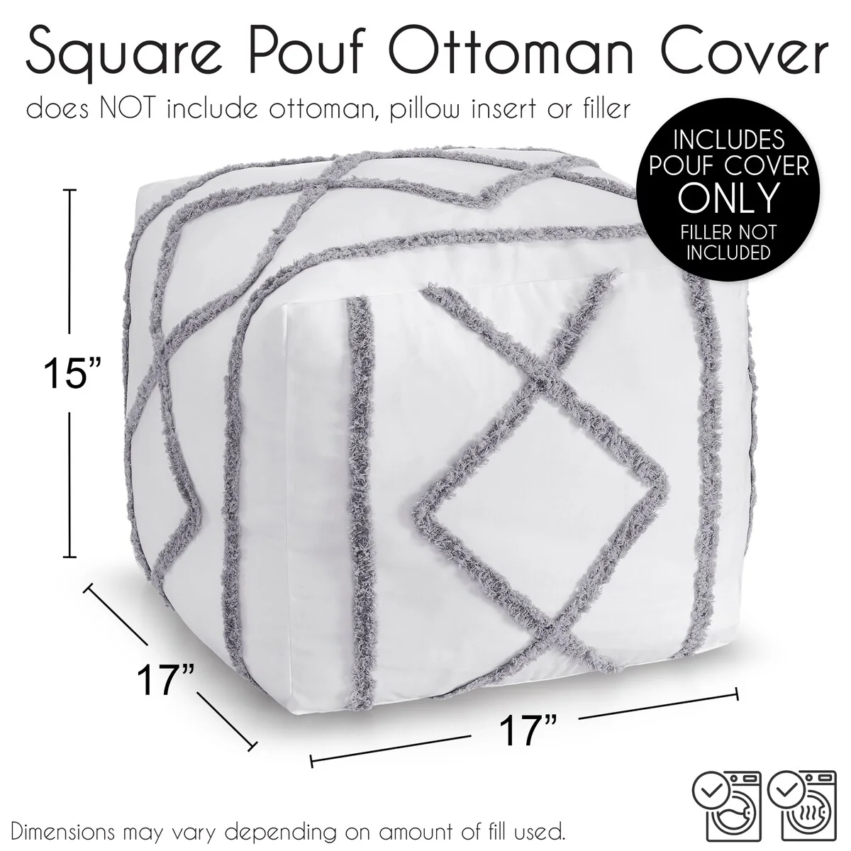 Sweet Jojo Designs White Grey Bohemian Boho Chic Unstuffed Ottoman Pouf Cover Farmhouse Shabby Textured Macrame Trim Minimalist
