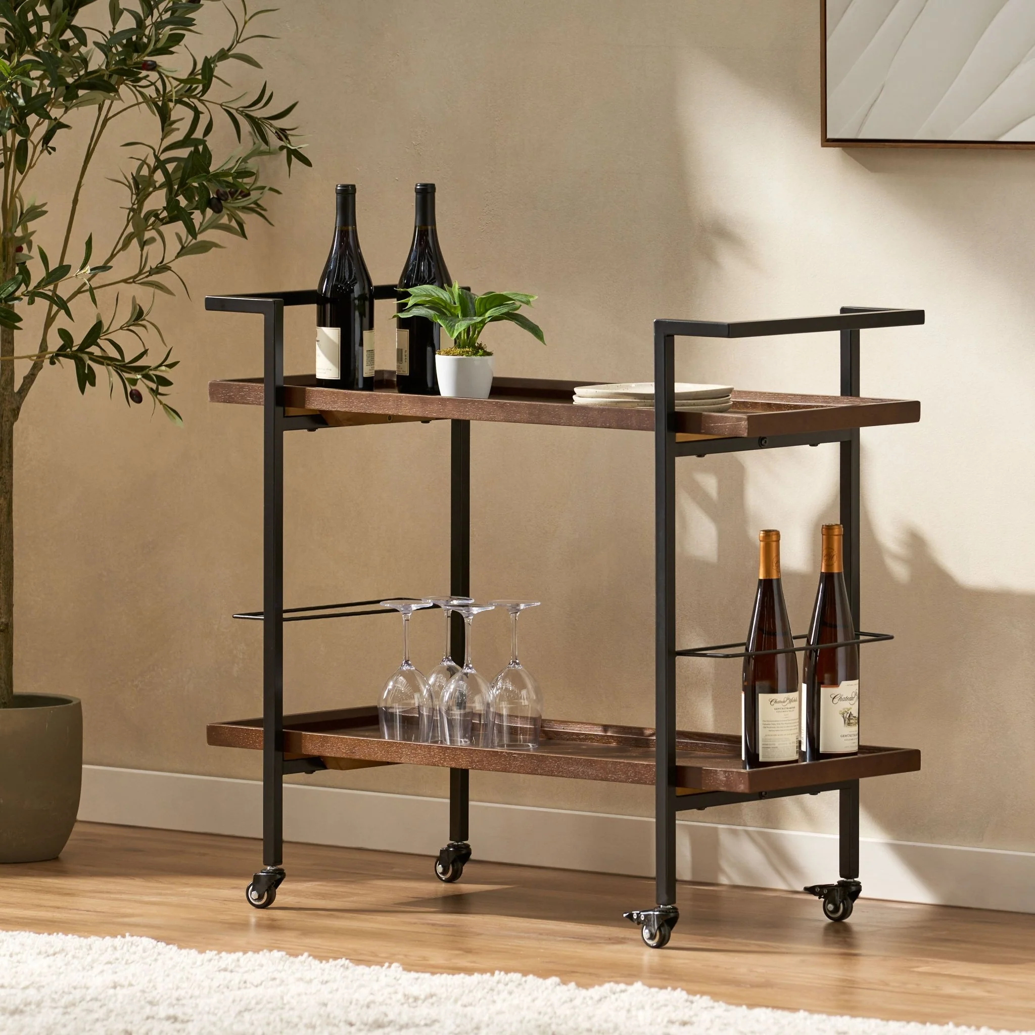 Bar Cart with Shelving and Lockable Rolling Wheels