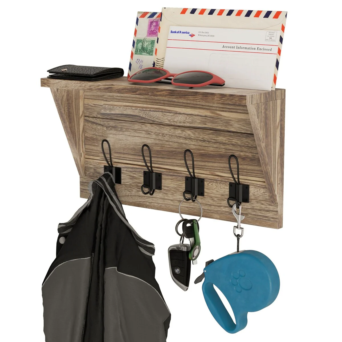 Wallniture 17'' Wood Wall Mounted Coat Rack with Shelf Entryway Mail Organizer Wood Key Holder 8 Hooks - N/A