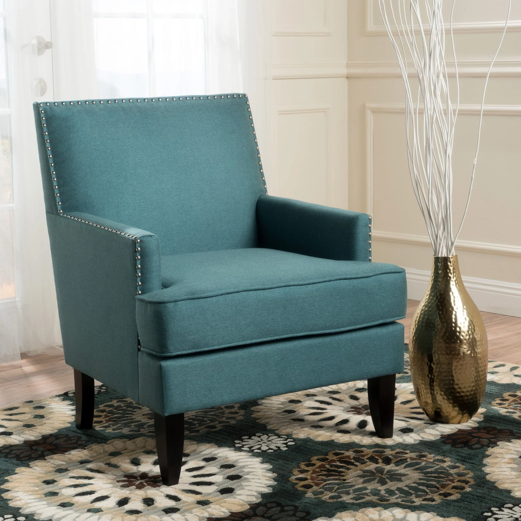 Serenada Upholstered Fabric Club Chair with Nailhead Trim and Tapered Birch Legs