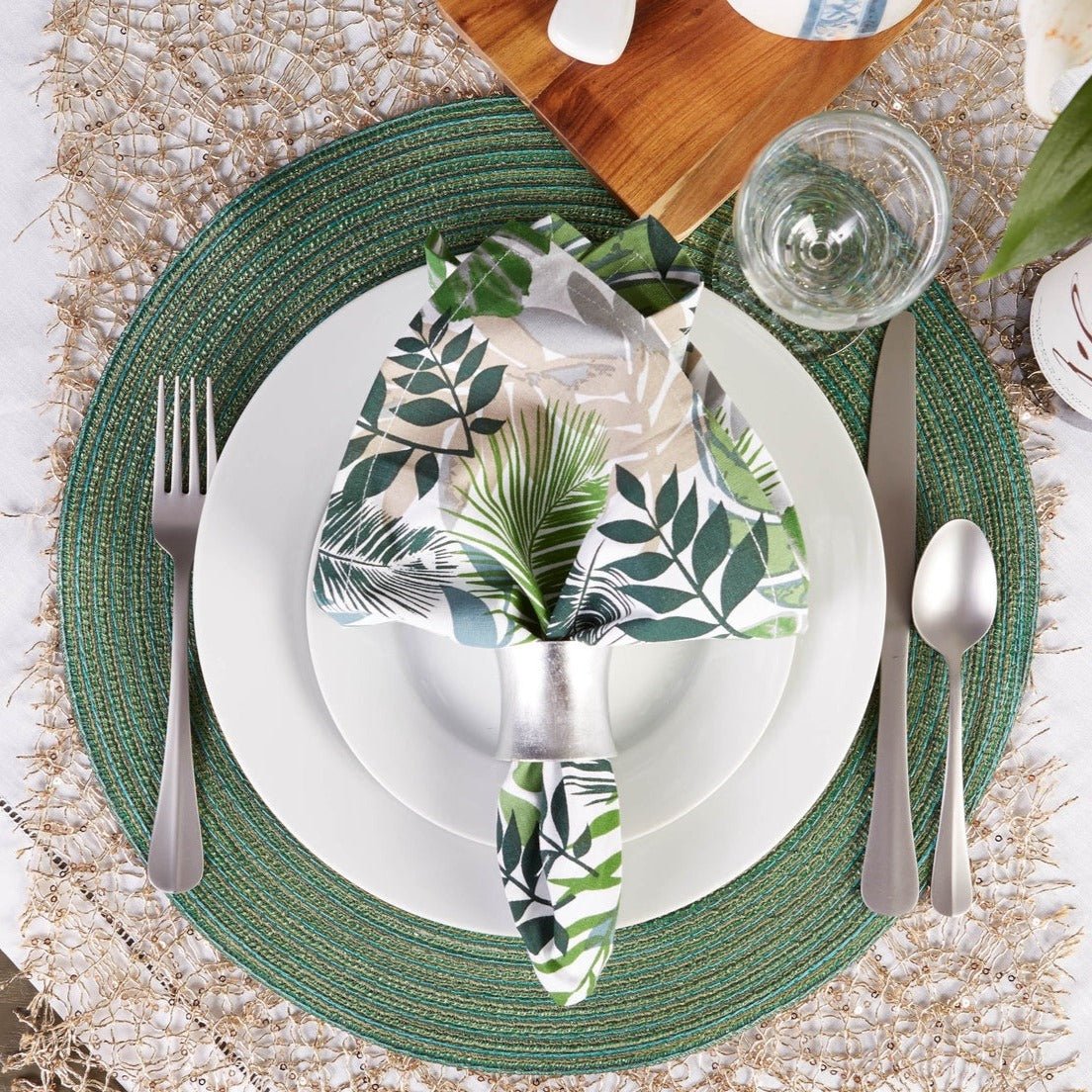 Green Metallic Variegated Round Woven Placemats, Set Of 6