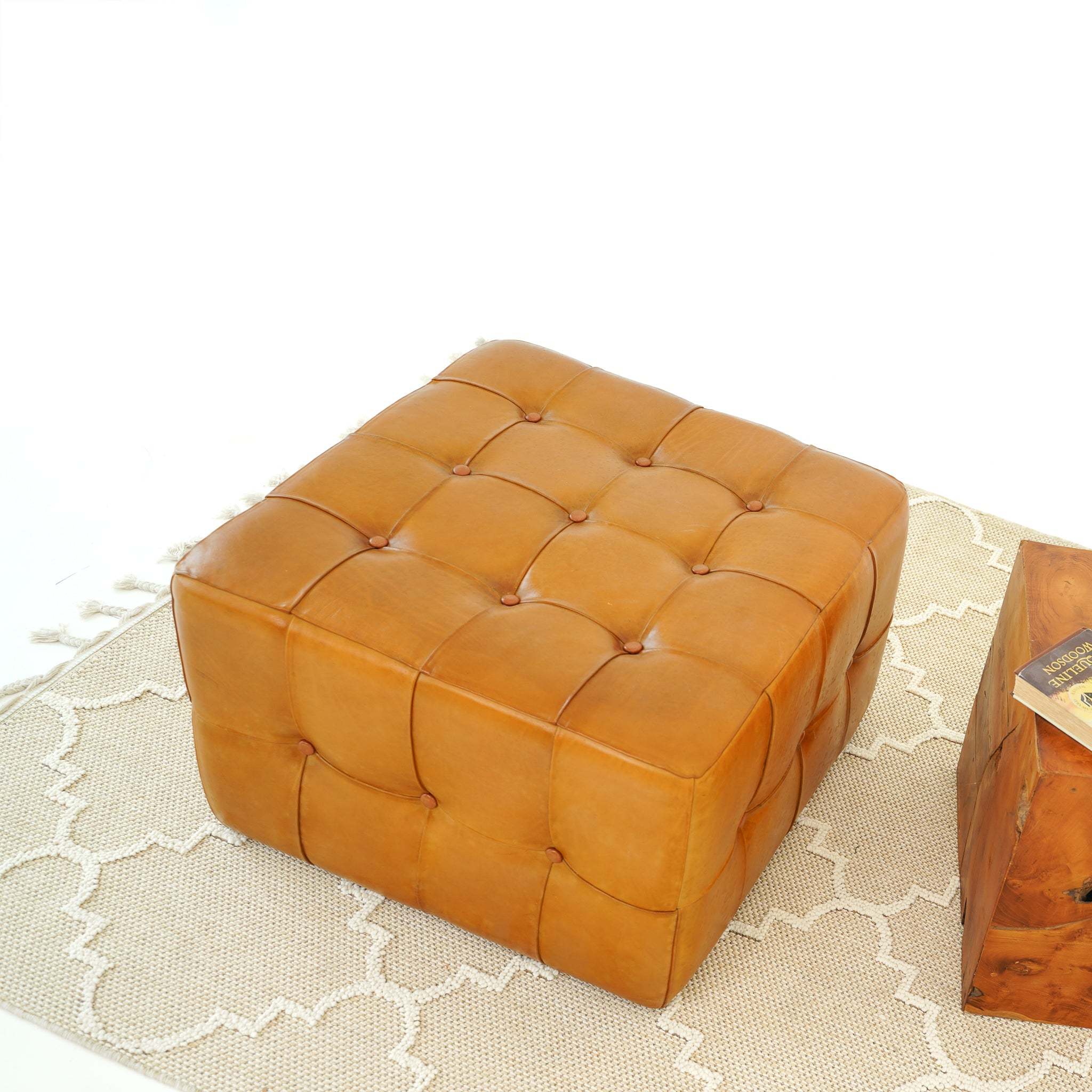 Benjiro Square Tan Leather Ottoman