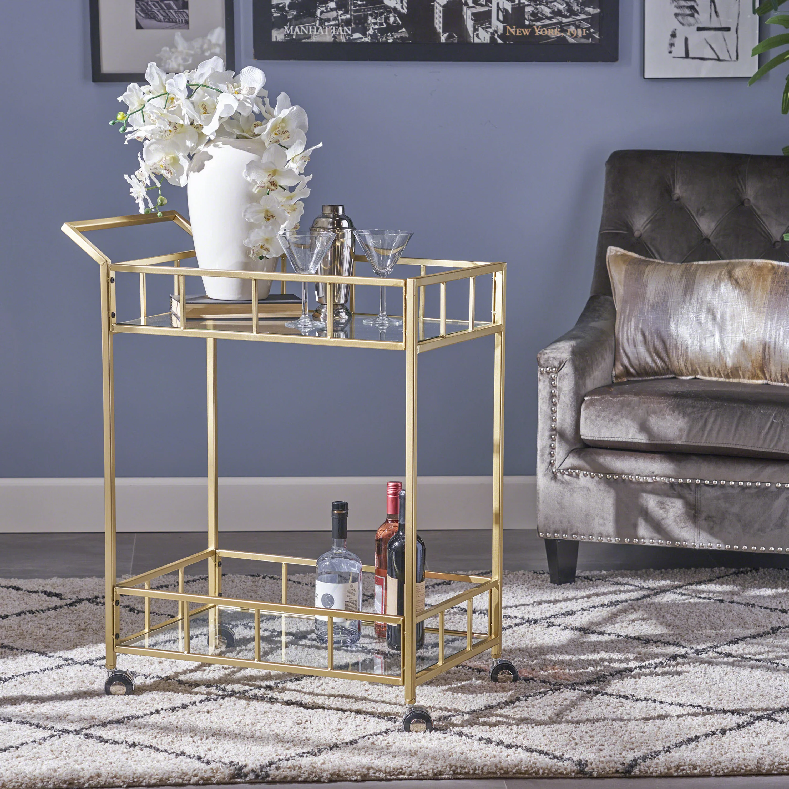 Outdoor Metal Bar Cart with 2 Tempered Glass Shelves and Rolling Casters