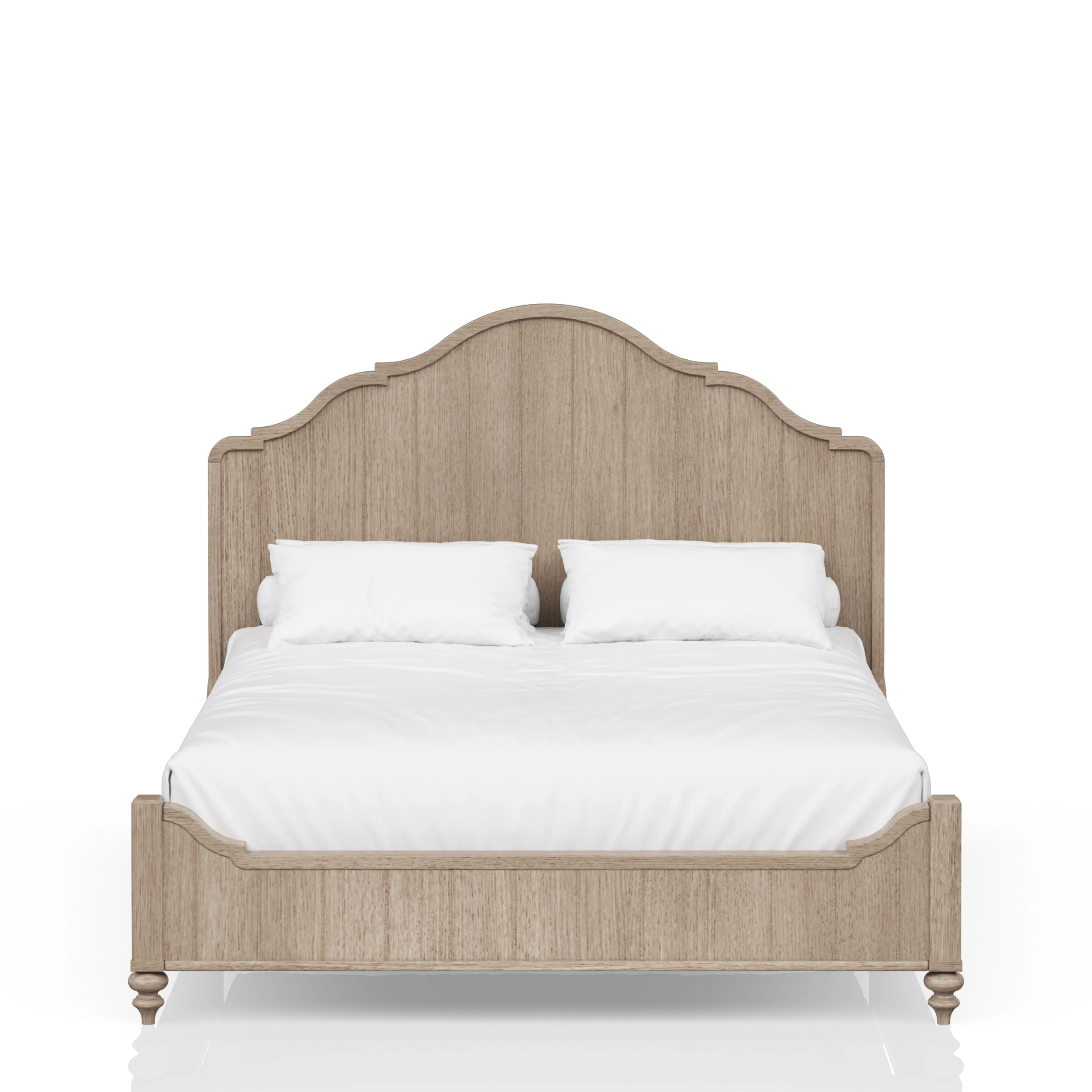 Queen Size Panel Bed with Curved Headboard and Turned Front Legs