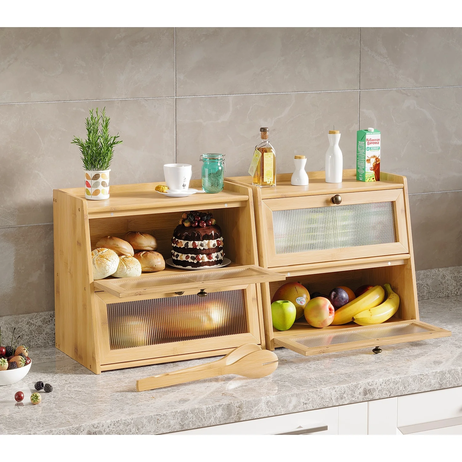 Double Layer Bamboo Bread Box for Kitchen Counter, Large Capacity Bread Storage Bin with Window Bread Holder.