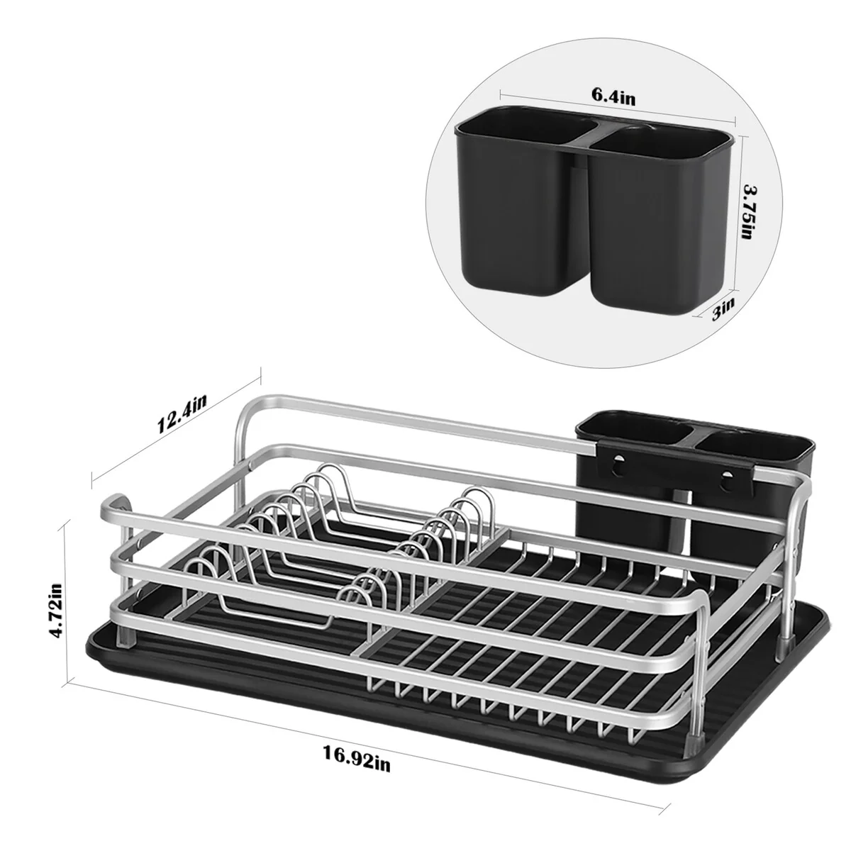 Aluminum Dish Drying Rack with Cutlery Holder, Silver